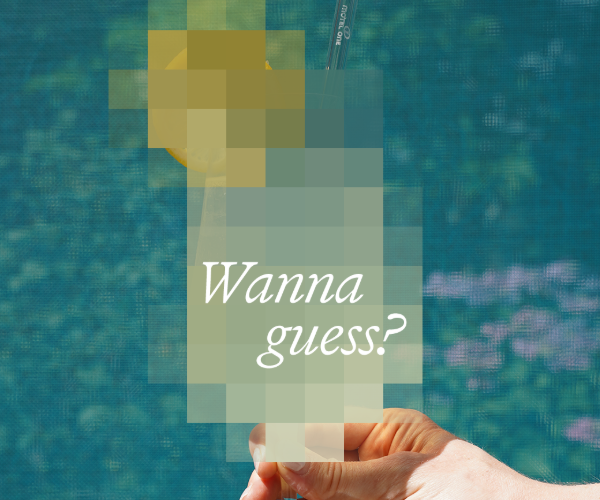 Hand hält ein erfrischendes Getränk mit Zitronenscheibe vor einem Hintergrund, der an einen Pool erinnert. Text auf dem Bild: „Wanna guess?“ – Einladung zu einem sommerlichen Genussmoment.