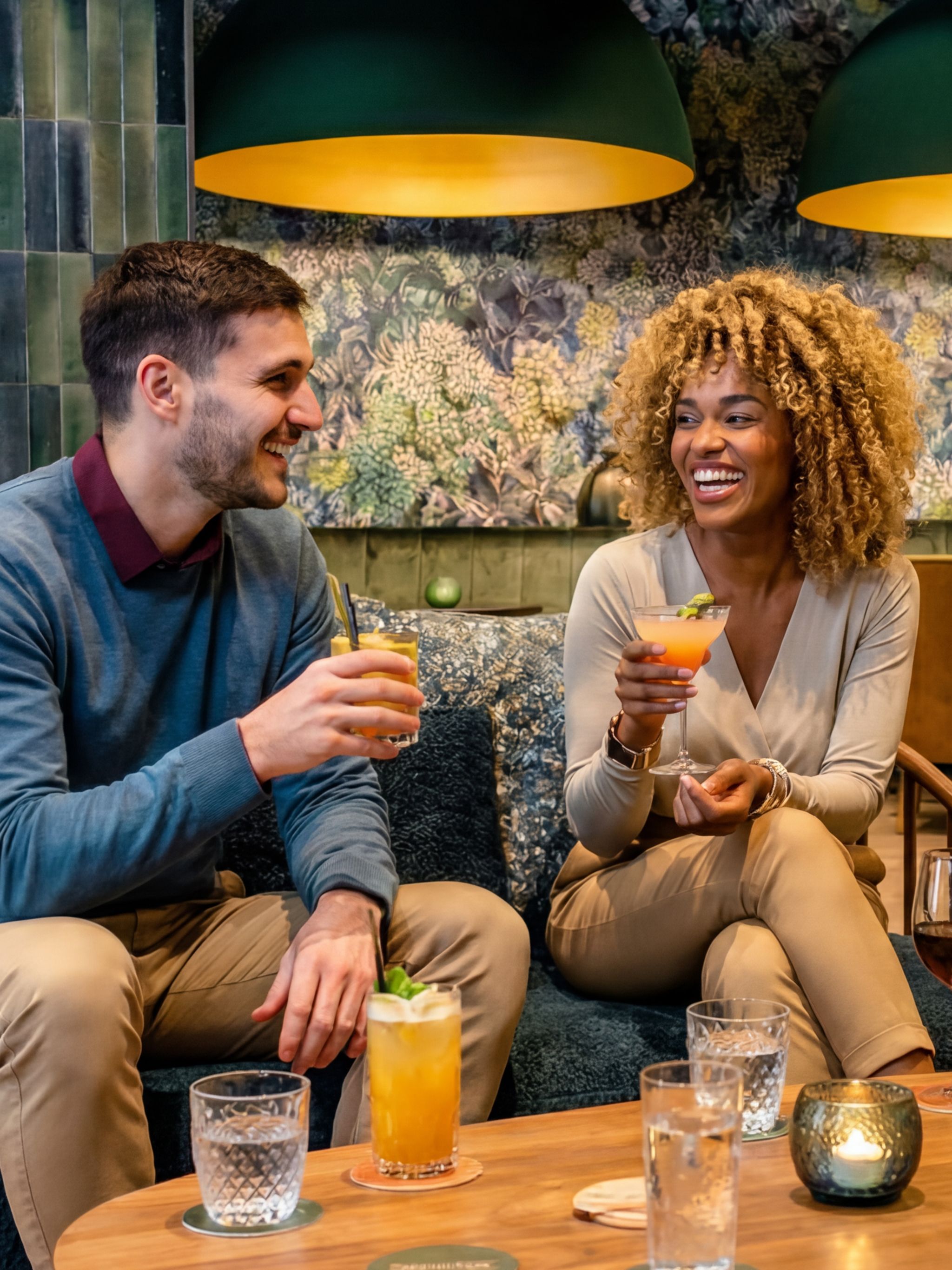 Zwei Gäste in entspannter Atmosphäre sitzen zusammen, lachen und genießen bunte Cocktails in einer stilvollen Lounge mit warmem Licht und dekorativer Wandgestaltung.