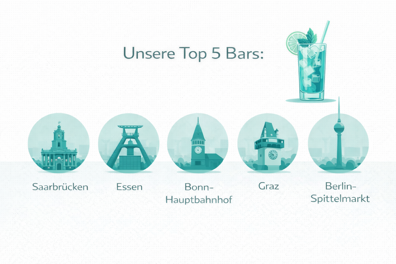 Illustration mit den Top 5 Bars in Deutschland und Österreich: Saarbrücken, Essen, Bonn-Hauptbahnhof, Graz, Berlin-Spittelmarkt, jeweils mit ikonischen Wahrzeichen dargestellt. Neben dem Text ein erfrischendes Getränk mit Limettenscheibe und Strohhalm.