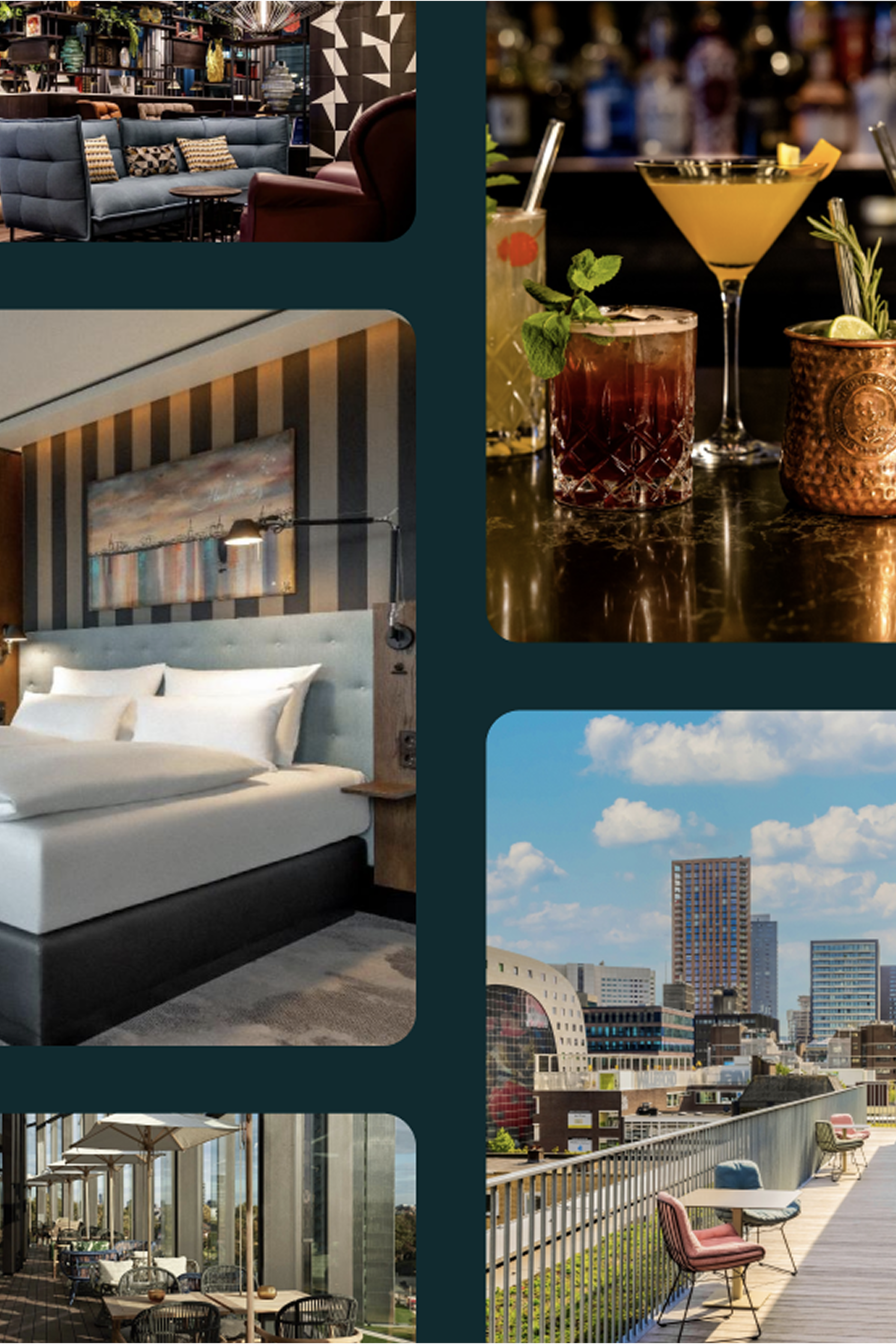 Motel One Hotellounge mit gemütlichen Sitzplätzen, stilvoll eingerichtete Zimmer mit großem Bett, elegante Cocktailbar mit verschiedenen Drinks und helle Dachterrasse mit Stadtblick und Sitzgelegenheiten zum Entspannen.