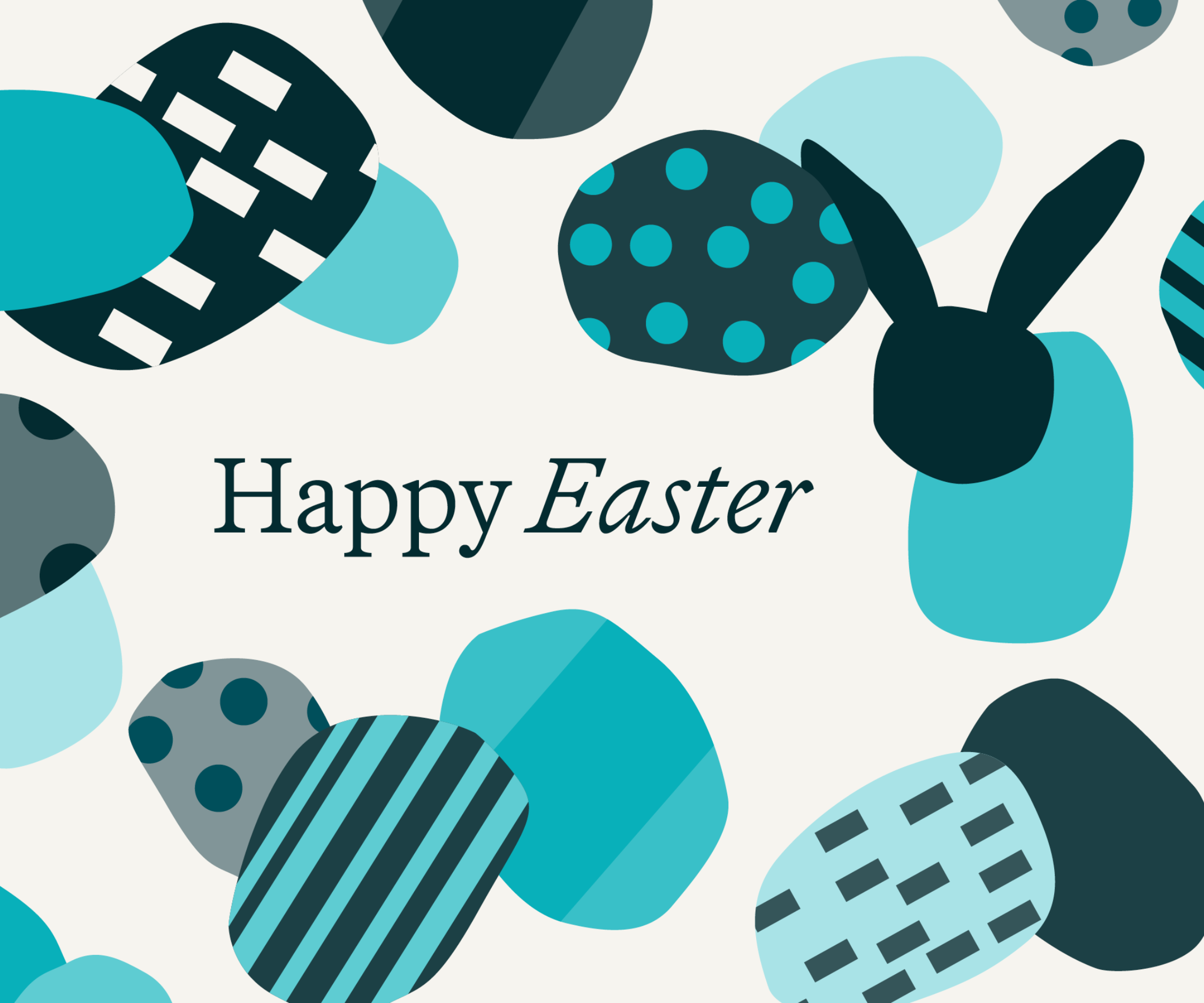 Bunte Ostereier in verschiedenen Blau- und Türkistönen sowie ein stilisierter Hasenkopf umrahmen den Schriftzug „Happy Easter“ auf hellem Hintergrund.