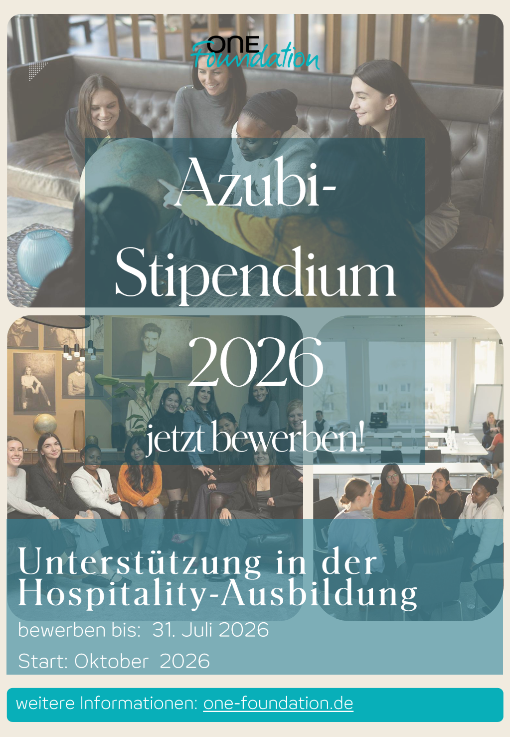 Junge Auszubildende in der Hospitality-Branche lernen und tauschen sich aus. Bewerbung für Azubi-Stipendium 2026 läuft bis 31. Juli, Start im Oktober. Unterstützung während der Ausbildung wird geboten.