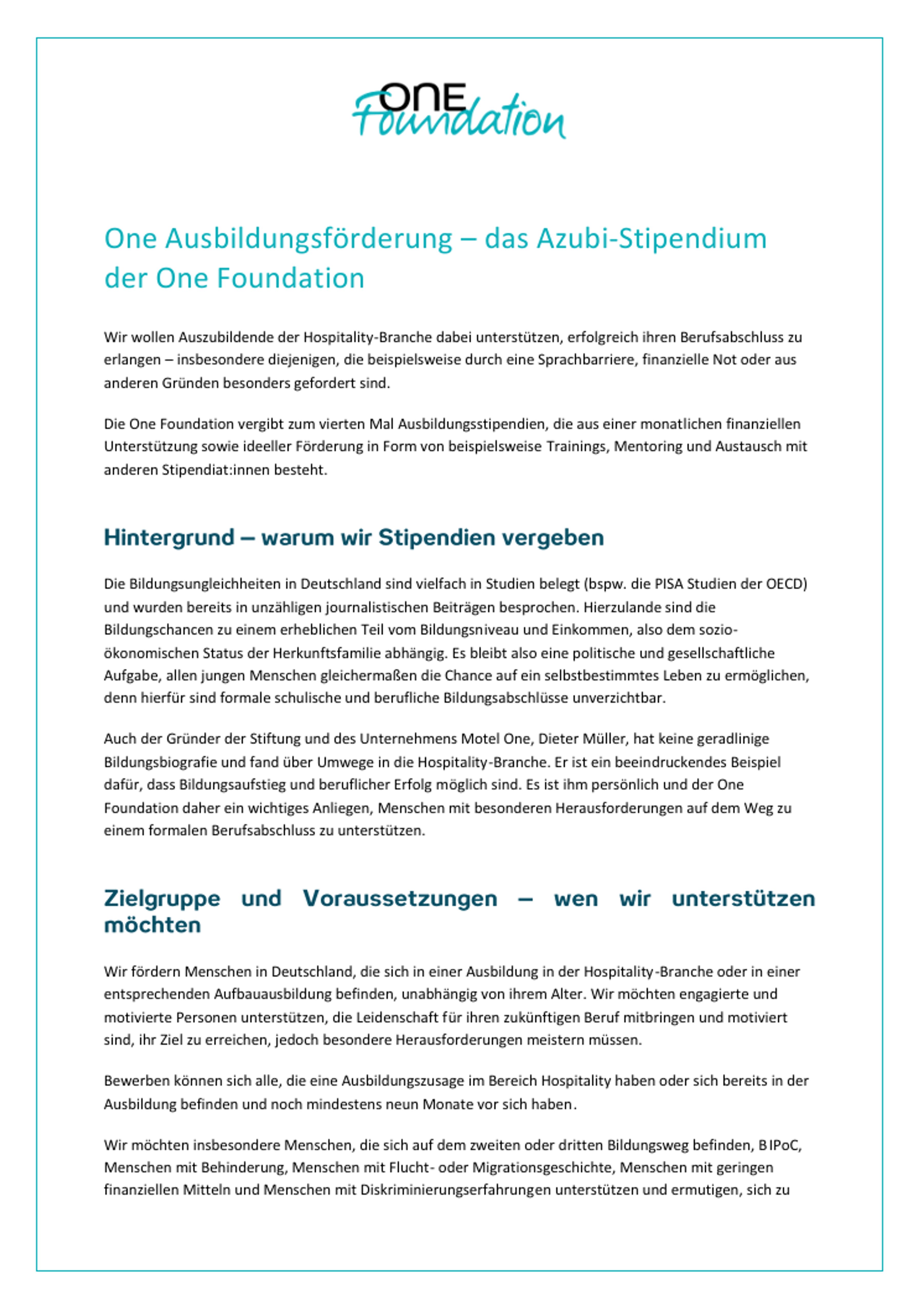 Text zur Ausbildungsförderung der One Foundation erklärt das Azubi-Stipendium für angehende Fachkräfte der Hospitality-Branche. Es fördert Sprachbarrieren, finanzielle Hürden und bietet Trainings, Mentoring sowie Austausch, um Ausbildungserfolg und beruflichen Einstieg zu verbessern.
