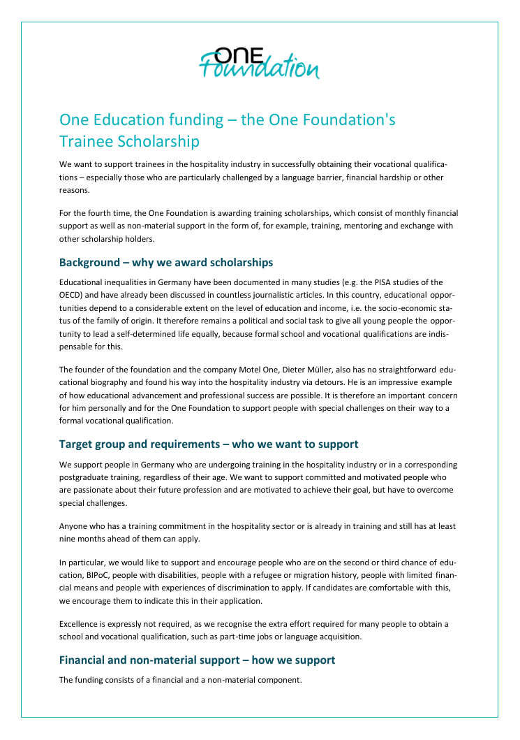 Text auf Deutsch:  
Informationen zur One Foundation Trainee-Stipendien für Auszubildende in der Hotelbranche zur Förderung von Gleichstellung, fachlicher Qualifikation und Unterstützung bei sprachlichen oder finanziellen Herausforderungen.