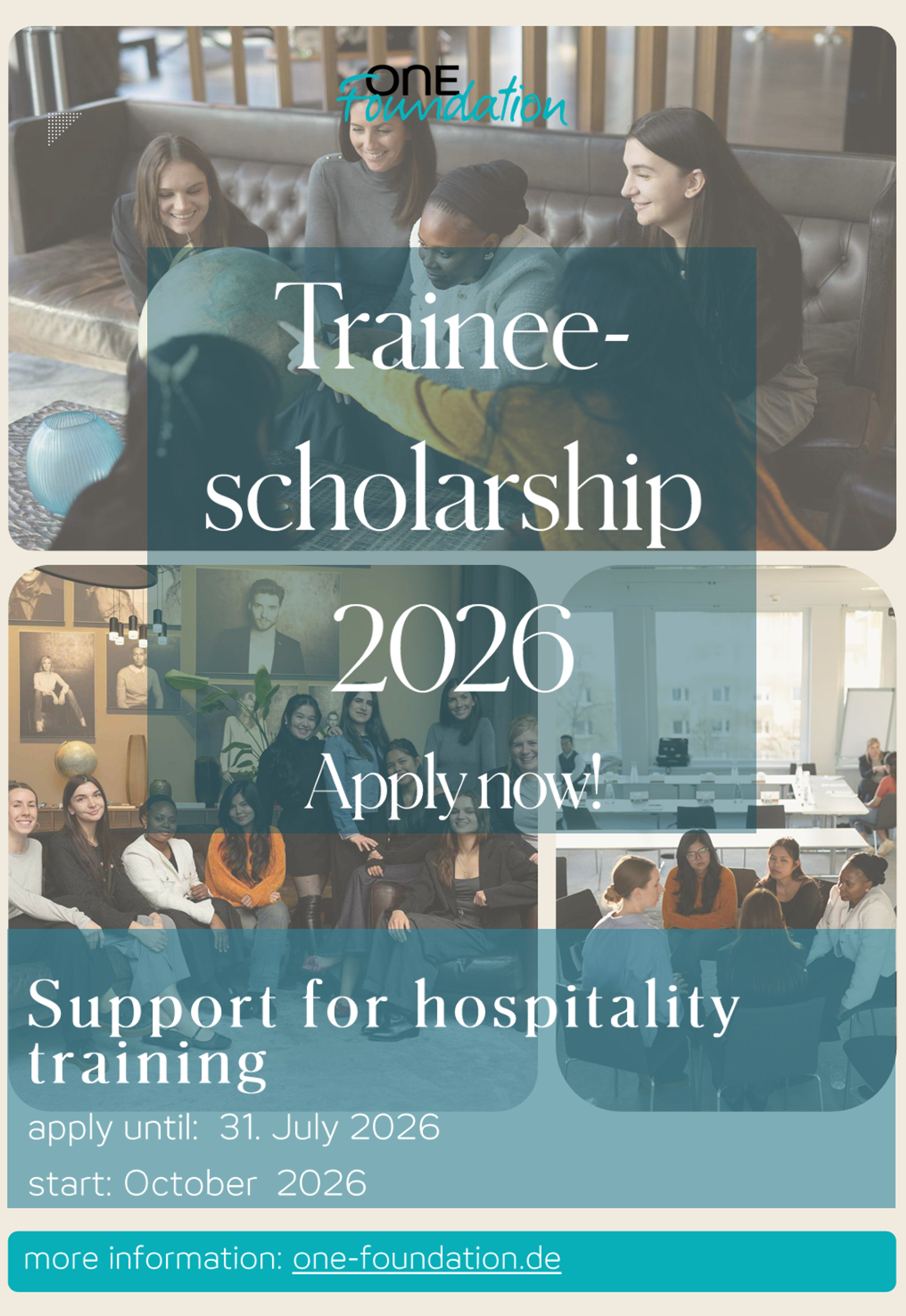 Mehrere junge Menschen sitzen gemeinsam in einem modernen Arbeitsumfeld, lächeln und tauschen sich aus. Die Szene vermittelt Teamgeist und Unterstützung in der Ausbildung im Bereich Hospitality. Bewerbung für ein Trainee-Stipendium 2026 bis 31. Juli möglich.