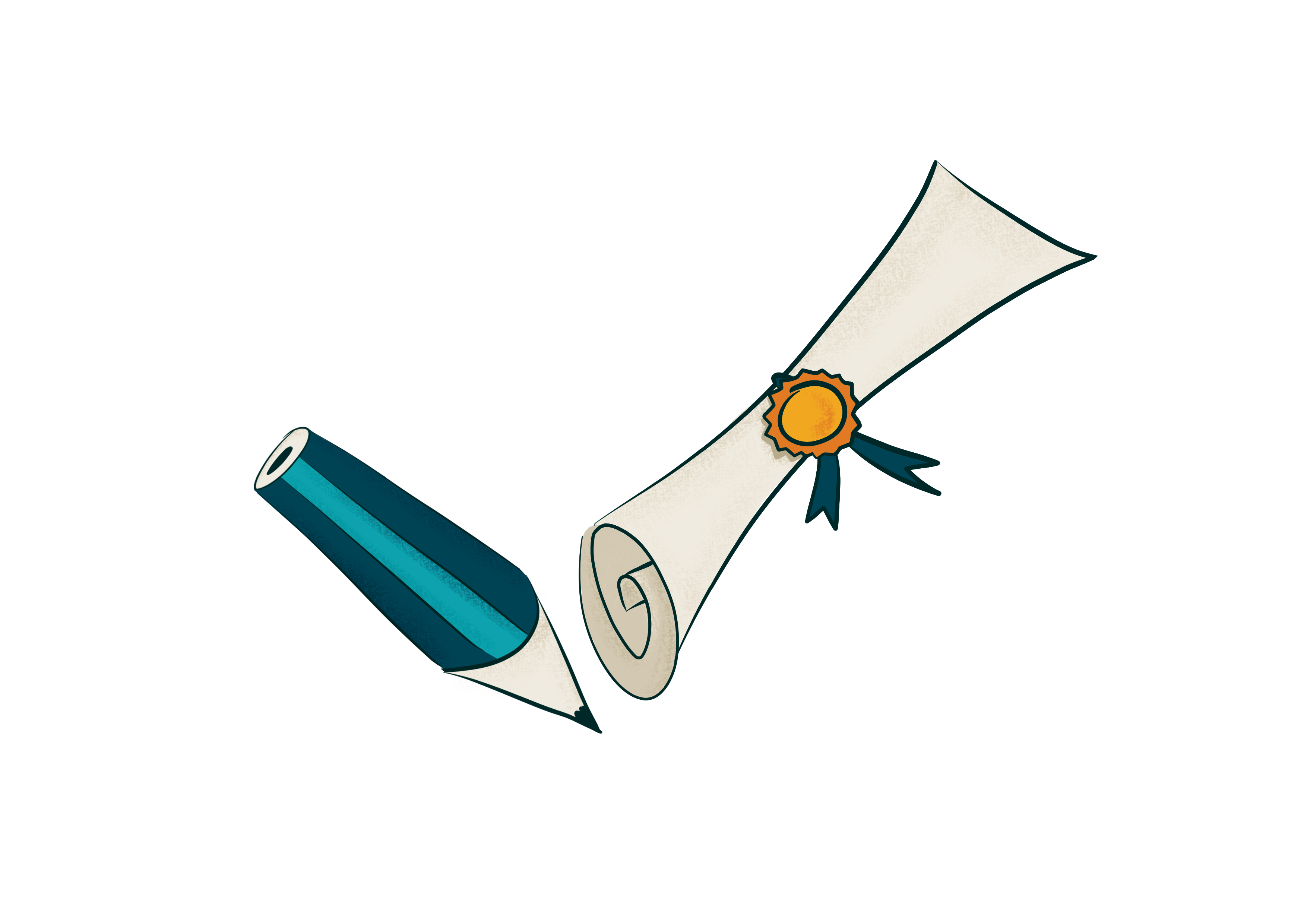 Grafische Darstellung einer zusammengerollten Urkunde mit Siegel neben einem spitzen Bleistift, symbolisiert Zertifizierung oder schriftliche Bestätigung.