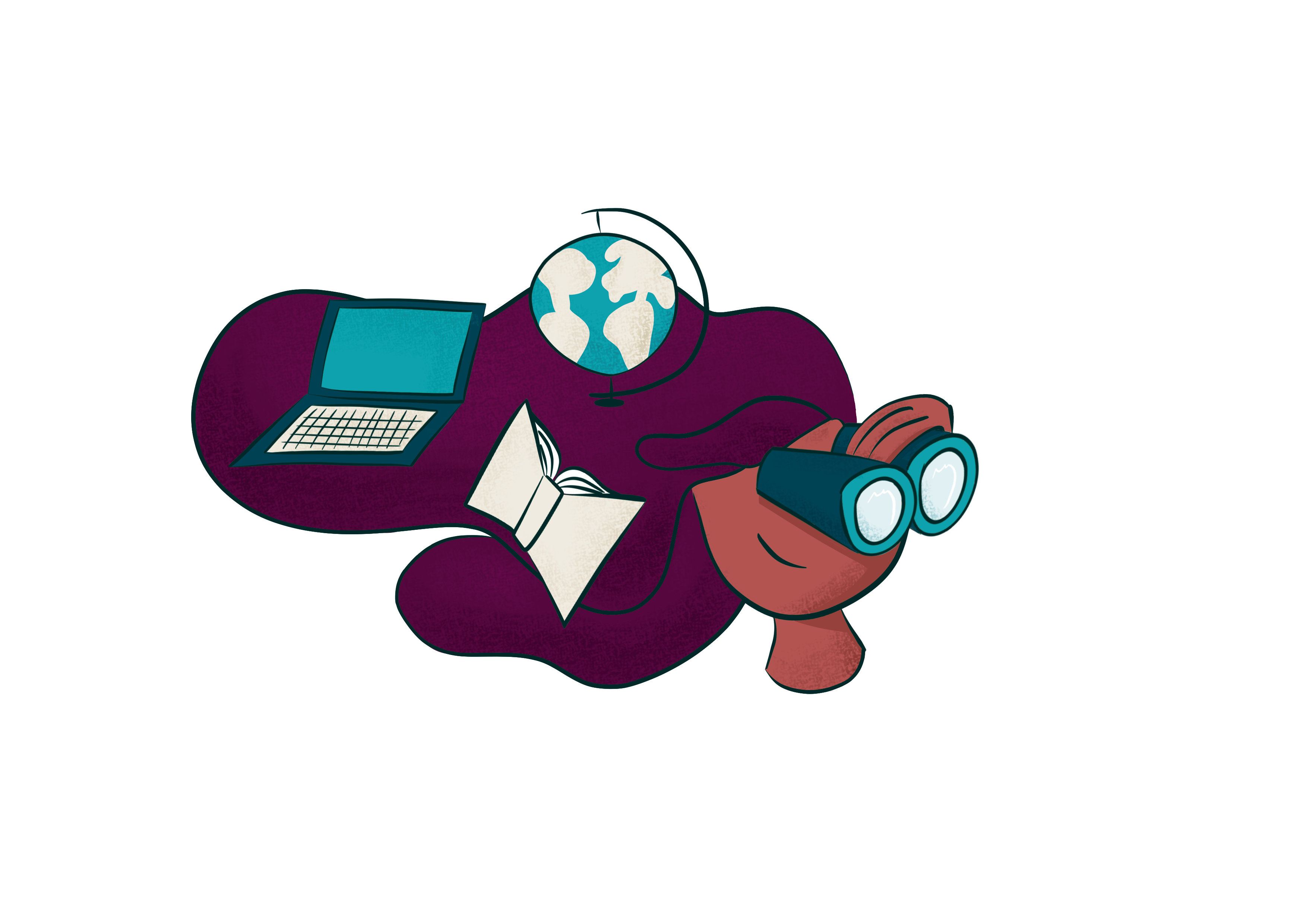 Illustration mit Laptop, Globus, aufgeschlagenem Buch und Fernglas, symbolisiert Bildung, Entdeckung und digitale Vernetzung.