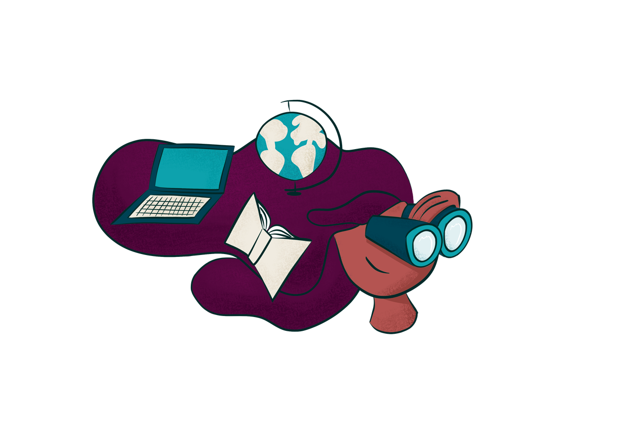 Illustration mit Laptop, Globus, aufgeschlagenem Buch und Fernglas, symbolisiert Bildung, Entdeckung und digitale Vernetzung.