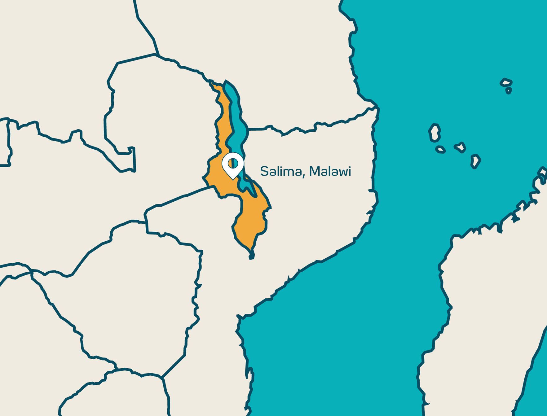 Karte von Ostafrika mit hervorgehobener Fläche von Malawi. Markierung zeigt den Ort Salima innerhalb des Landes.