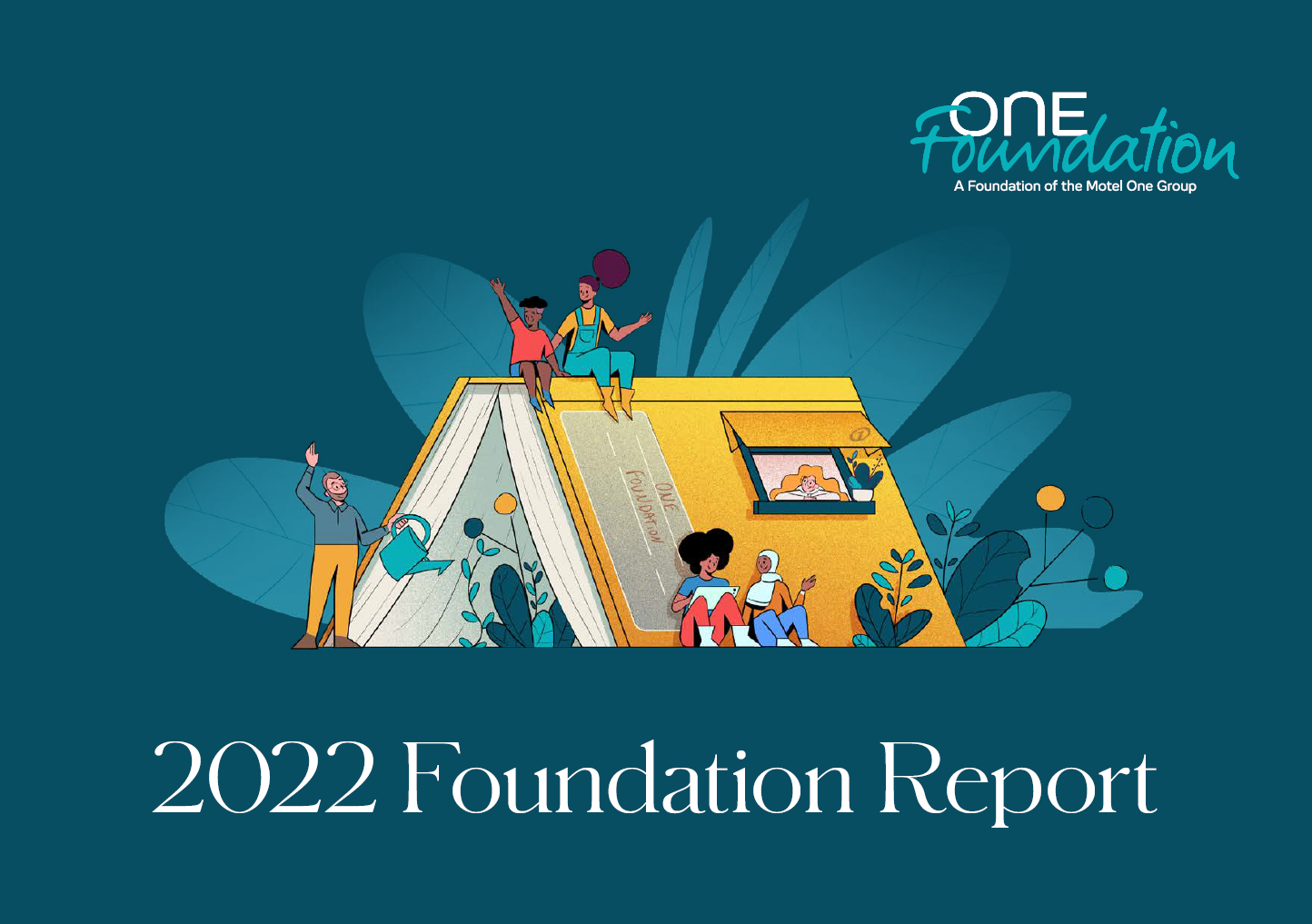 Illustration von Menschen, die gemeinsam auf und um große Bücher sitzen, symbolisiert Lernen und Zusammenarbeit. Text: „2022 Foundation Report“ mit Logo der One Foundation.