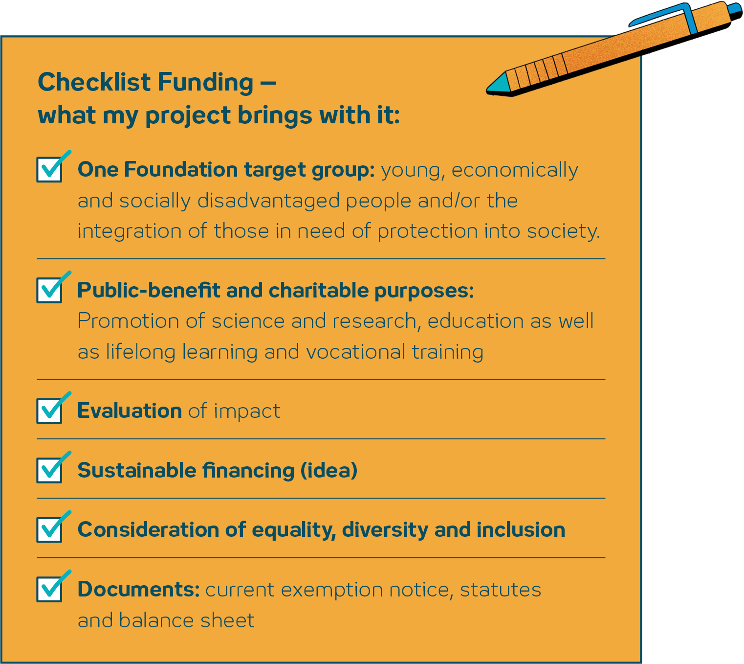 Checkliste für Projektförderung mit Zielen: Zielgruppe benachteiligte Jugendliche, Förderung von Wissenschaft und Bildung, Ergebnisbewertung, nachhaltige Finanzierung, Berücksichtigung von Gleichheit und Vielfalt, relevante Dokumente vorhanden.