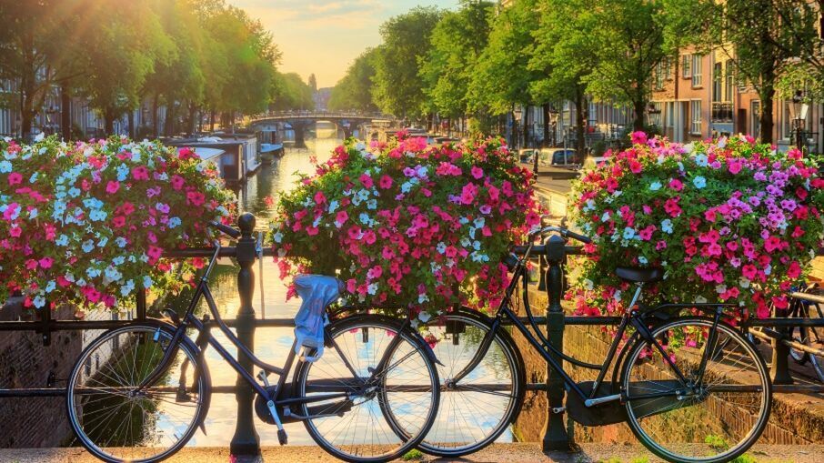 Fahrräder lehnen an einer Brücke über einen von Bäumen gesäumten Kanal, der im warmen Sonnenlicht glitzert. Drei große Blumenkübel mit bunten Blumen schmücken das Geländer, und im Hintergrund erstreckt sich eine ruhige, malerische Stadtansicht.