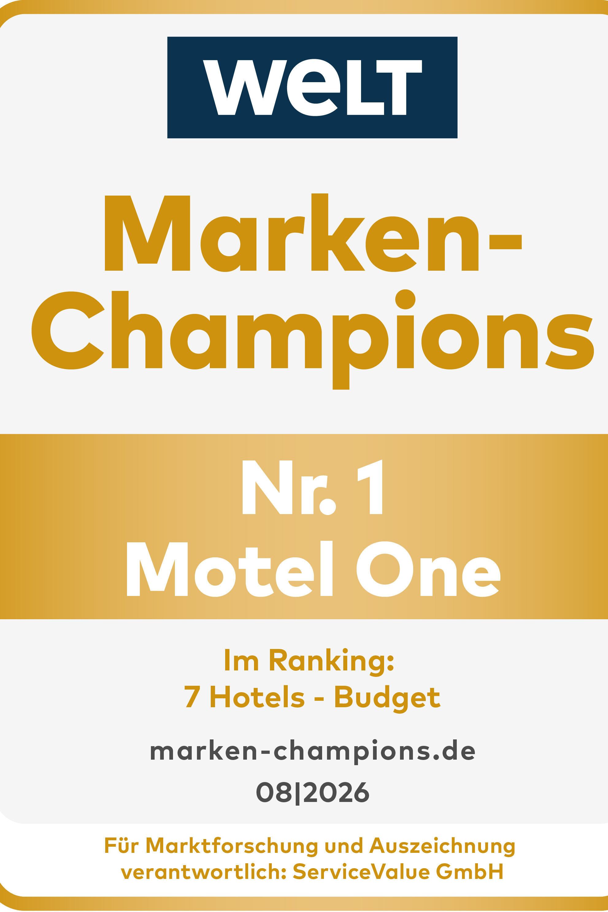 Auszeichnungsschild von WELT für Motel One als Nr. 1 der Marken-Champions im Bereich Budget-Hotels, gültig bis August 2026. Auszeichnungsschild von WELT für Motel One als Nr. 1 der Marken-Champions im Bereich Budget-Hotels, gültig bis August 2026.
