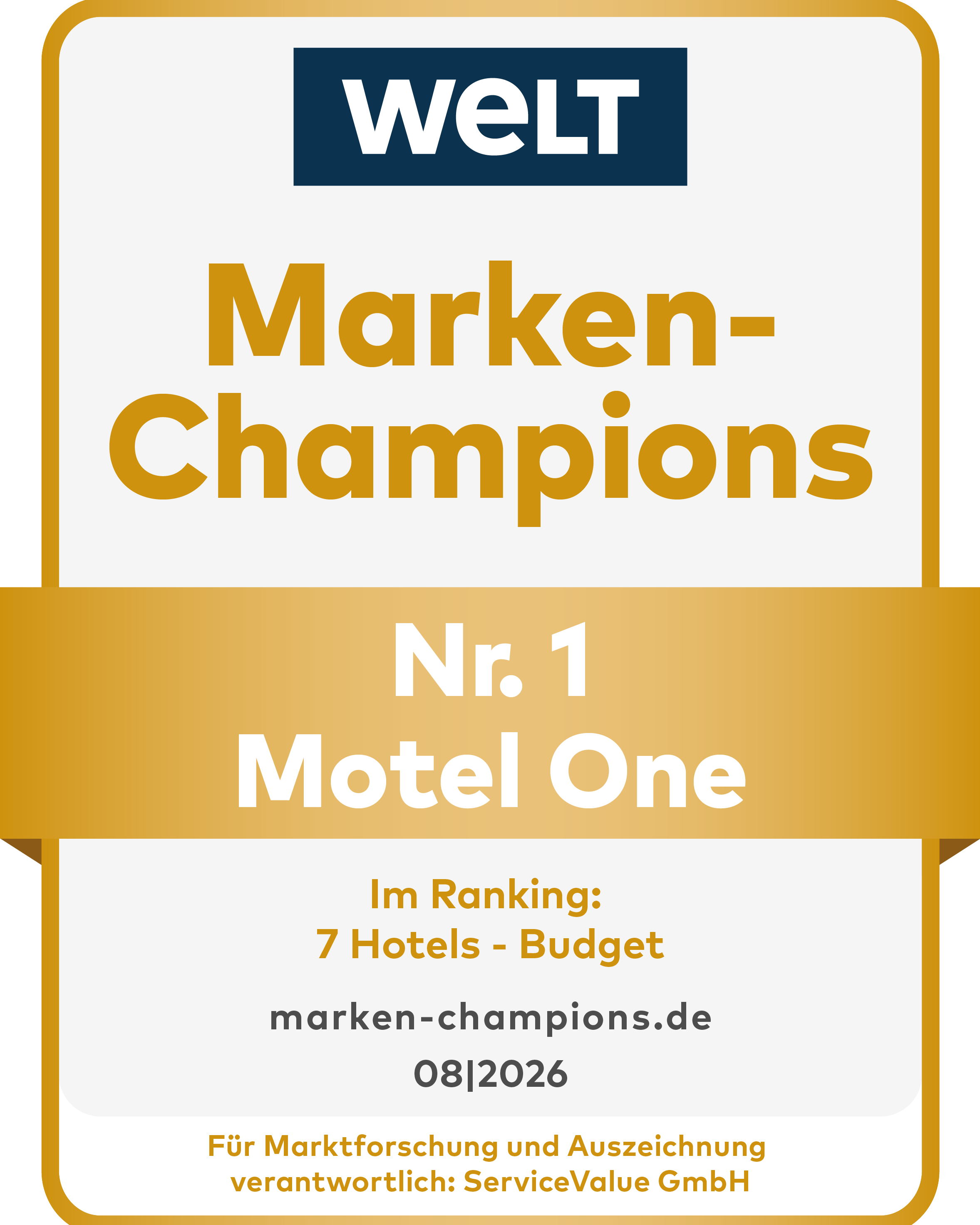 Auszeichnung als Nr. 1 Motel One in der Kategorie 7 Hotels - Budget, vergeben von WELT Marken-Champions, gültig bis August 2026.