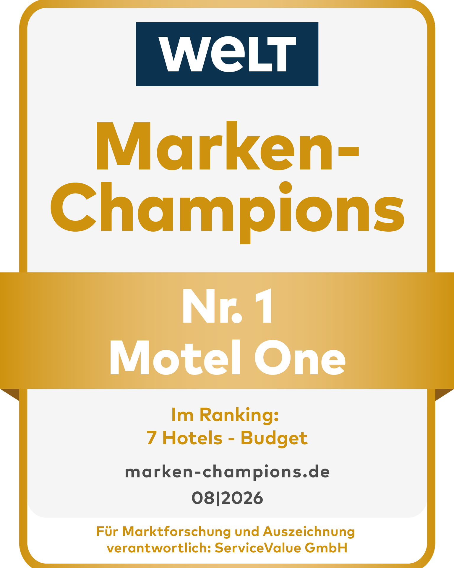 Auszeichnung als Nr. 1 Motel One in der Kategorie 7 Hotels - Budget, vergeben von WELT Marken-Champions, gültig bis August 2026.