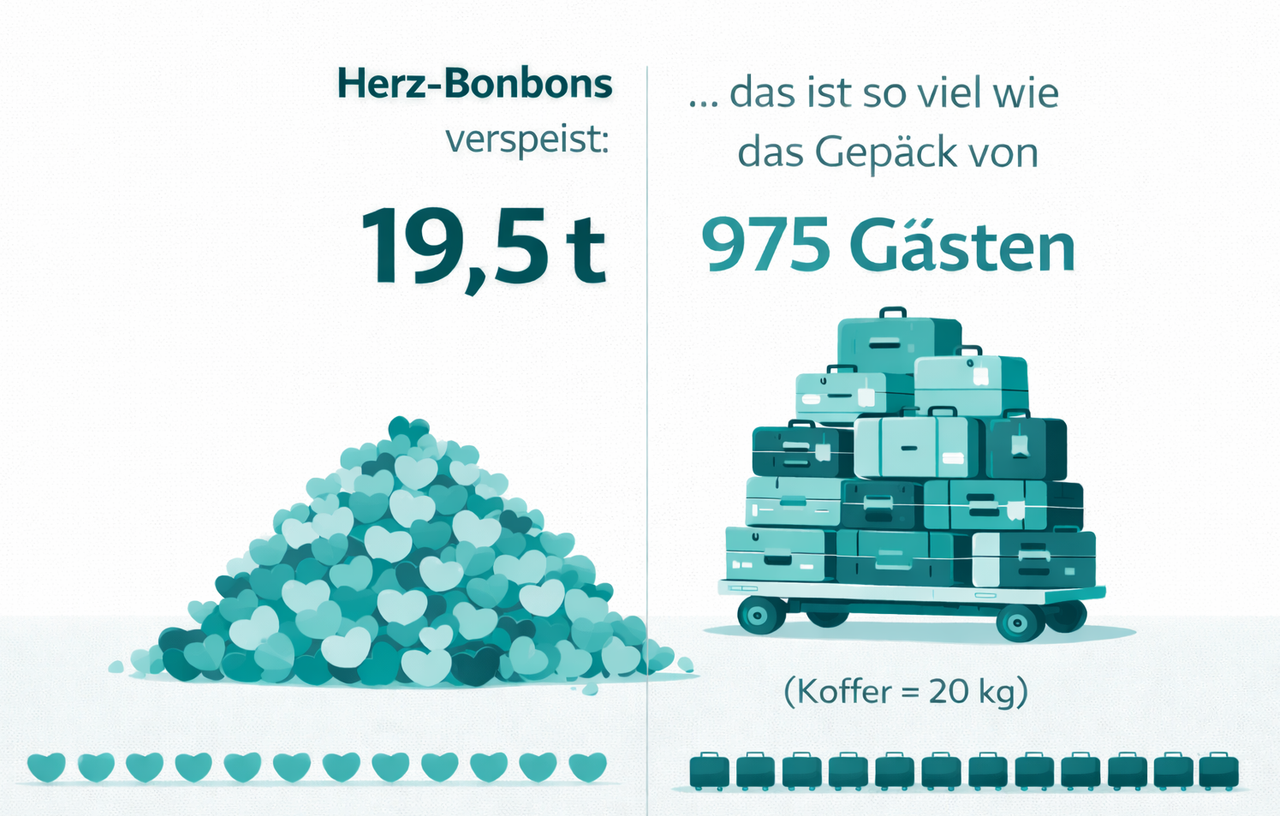 Darstellung des Verbrauchs von 19,5 Tonnen Herz-Bonbons, vergleichbar mit dem Gepäck von 975 Gästen, basierend auf einem Koffergewicht von 20 kg.