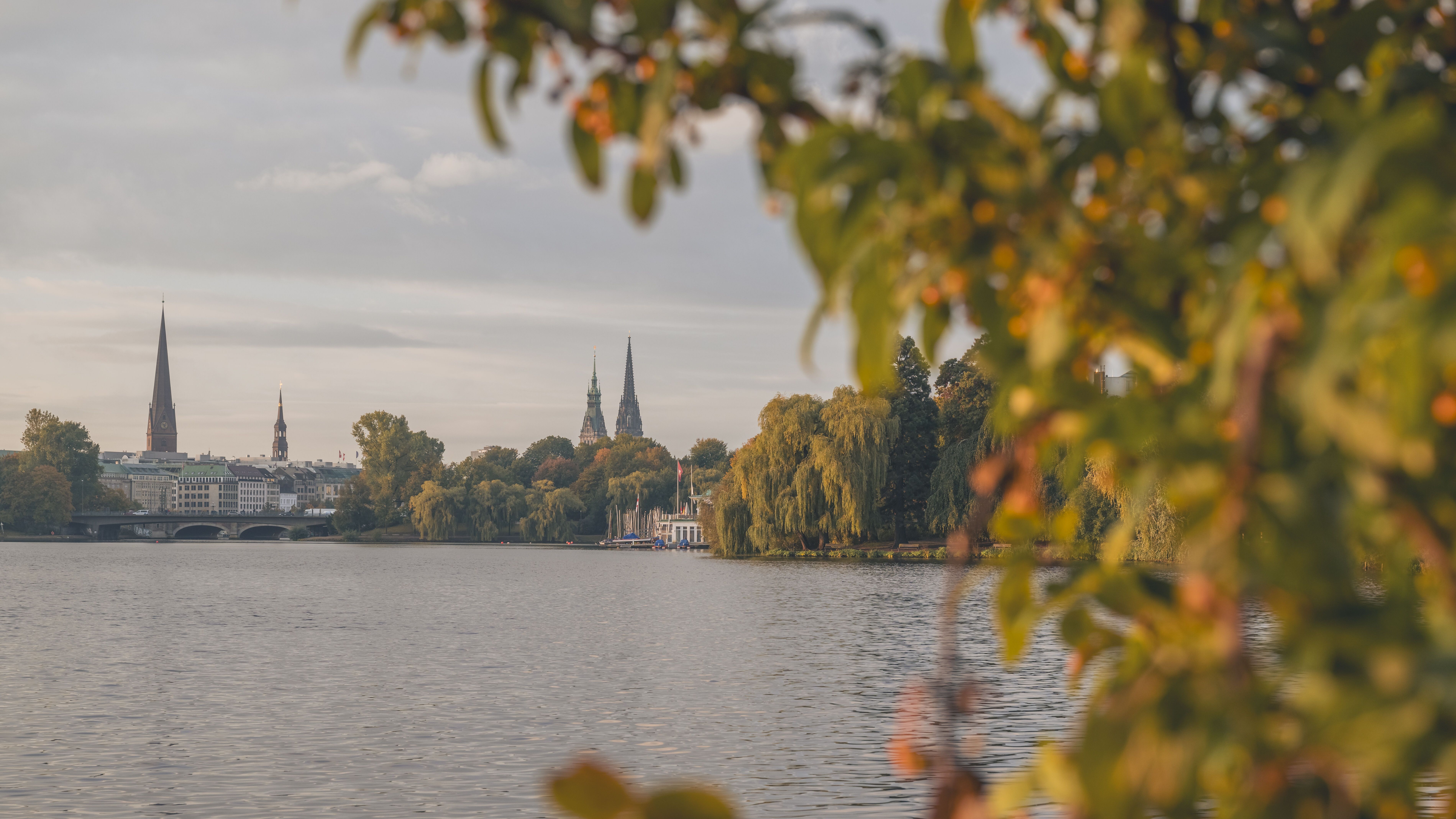 Blick auf einen ruhigen See mit Herbstlaub im Vordergrund und einer Stadt mit markanten Kirchtürmen am Ufer bei sanftem, spätem Tageslicht.
