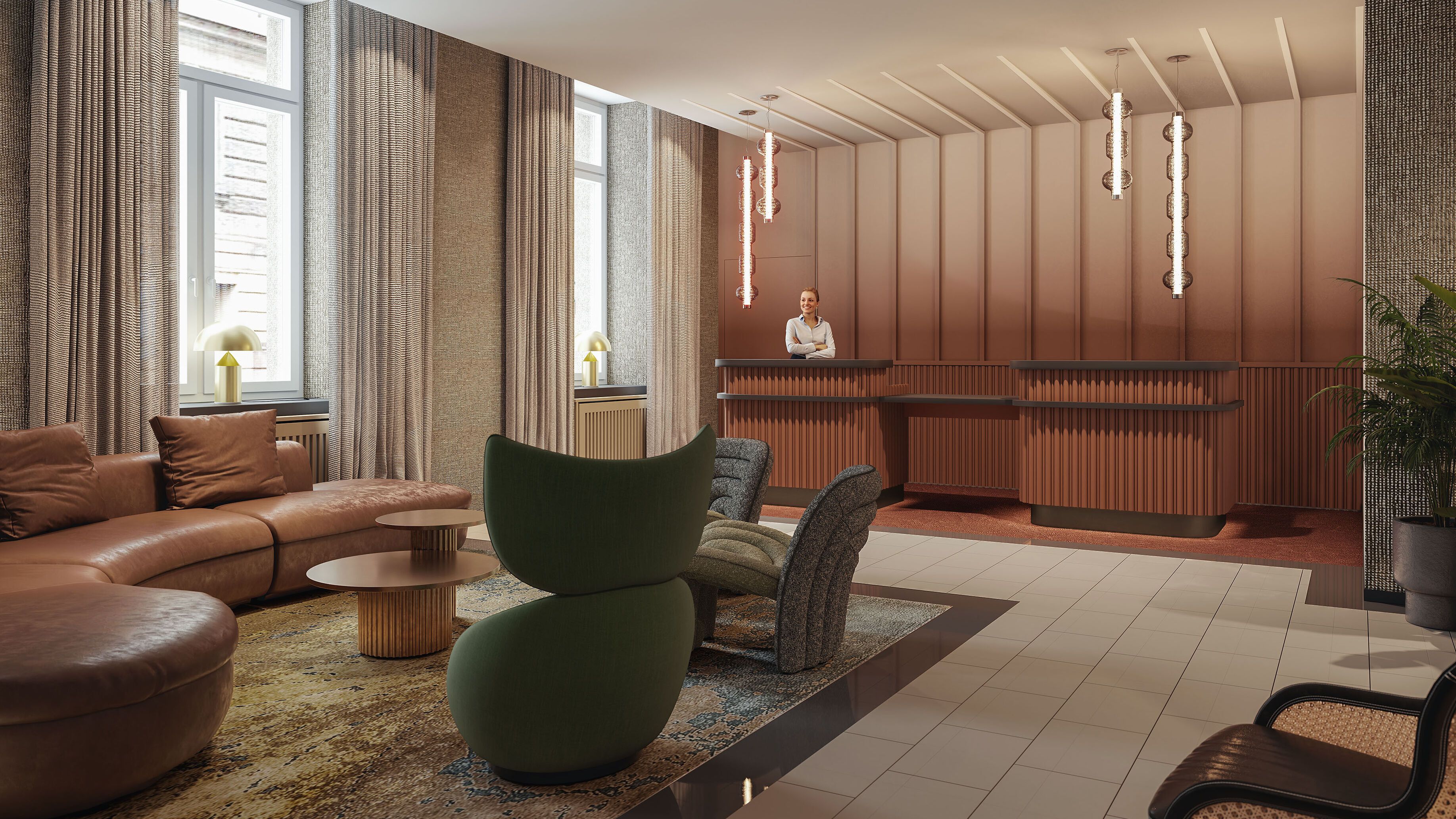 Elegante Hotel-Lobby mit gemütlichen Sitzbereichen, modernem Design und warmen Farben. Freundlicher Empfangstresen mit Mitarbeiter, Tageslicht durch große Fenster sorgt für einladende Atmosphäre.