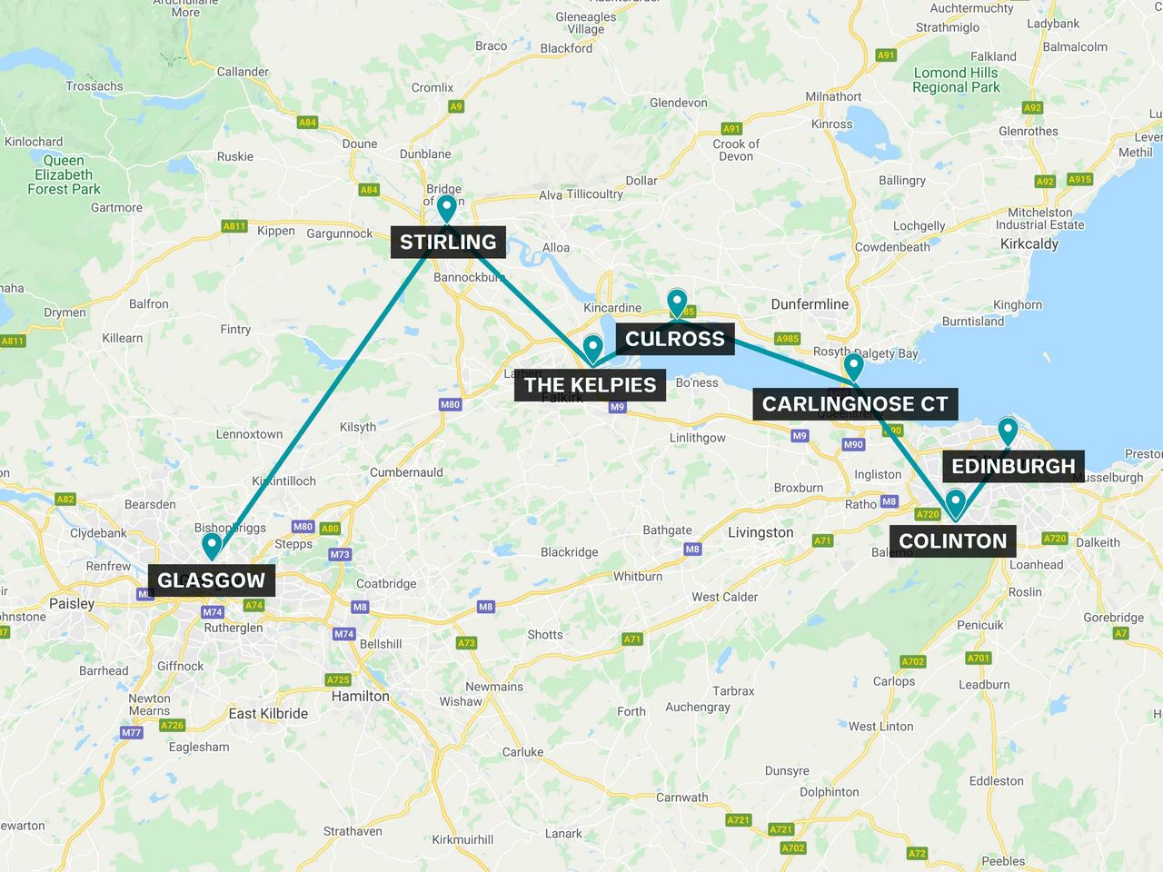 Karte zeigt Reiseroute von Glasgow über Stirling, Culross, The Kelpies, Carlingnose Ct, Colinton bis Edinburgh in Schottland.