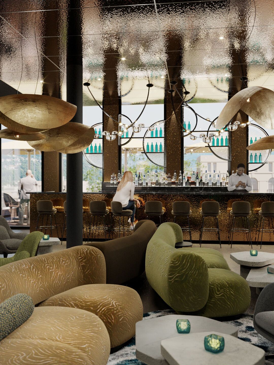 Moderne Hotelbar mit stilvoller Beleuchtung, gemütlichen Sesseln und Sofas, großem Fenster mit Ausblick auf die Stadt. Entspannter, eleganter Atmosphäre für Gäste zum Verweilen und Genießen von Drinks.