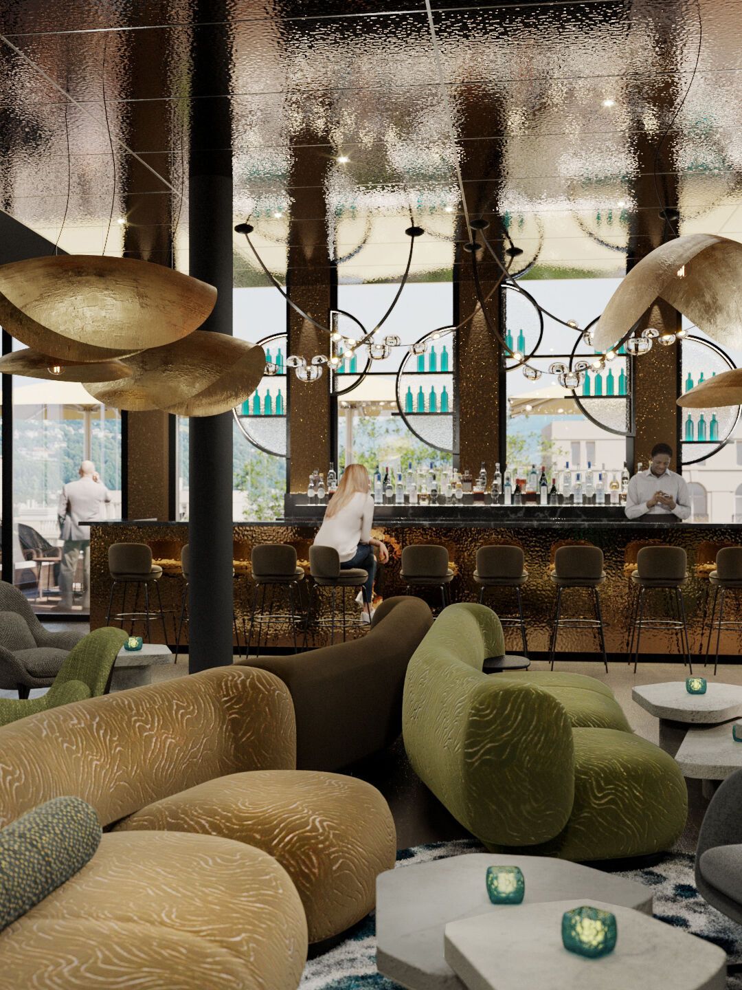 Moderne Hotelbar mit stilvoller Beleuchtung, gemütlichen Sesseln und Sofas, großem Fenster mit Ausblick auf die Stadt. Entspannter, eleganter Atmosphäre für Gäste zum Verweilen und Genießen von Drinks.