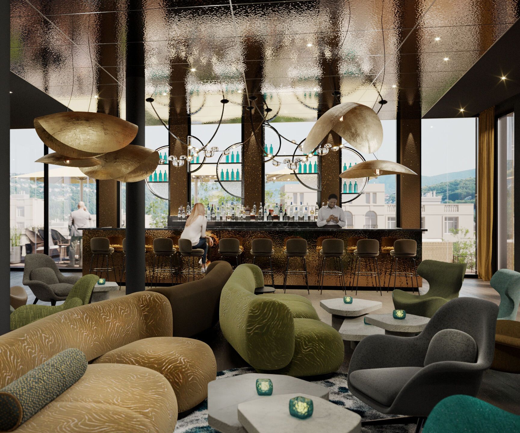 Moderne Hotelbar mit stilvoller Beleuchtung, gemütlichen Sesseln und Sofas, großem Fenster mit Ausblick auf die Stadt. Entspannter, eleganter Atmosphäre für Gäste zum Verweilen und Genießen von Drinks.