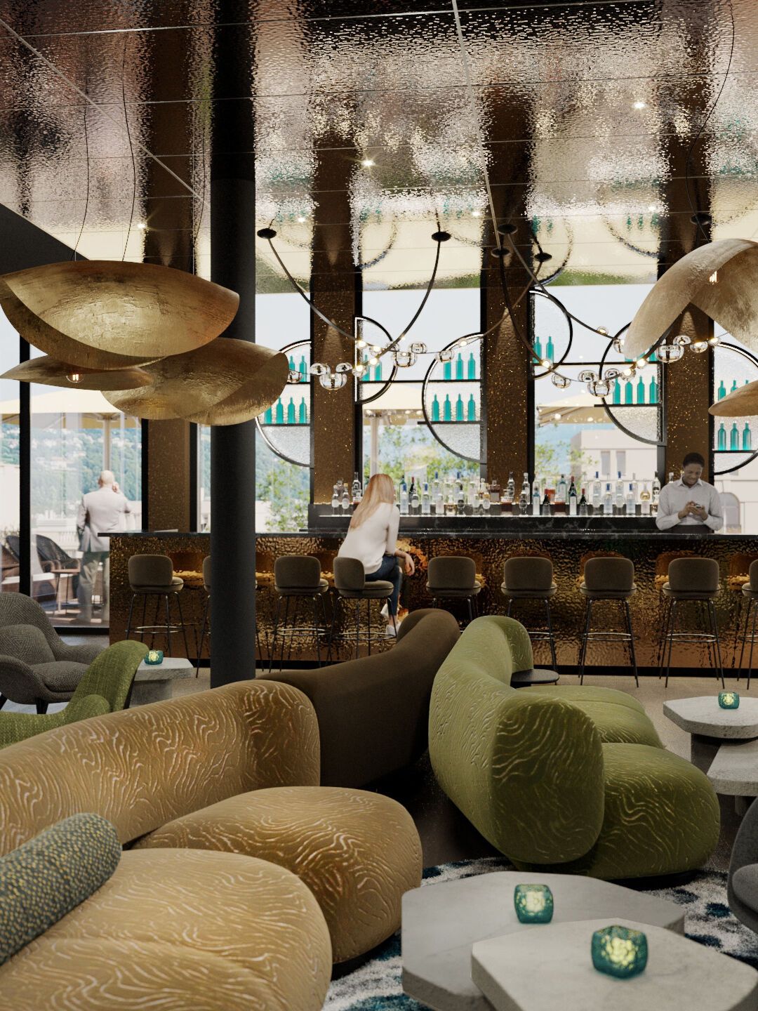 Moderne Hotelbar mit stilvoller Beleuchtung, gemütlichen Sesseln und Sofas, großem Fenster mit Ausblick auf die Stadt. Entspannter, eleganter Atmosphäre für Gäste zum Verweilen und Genießen von Drinks.