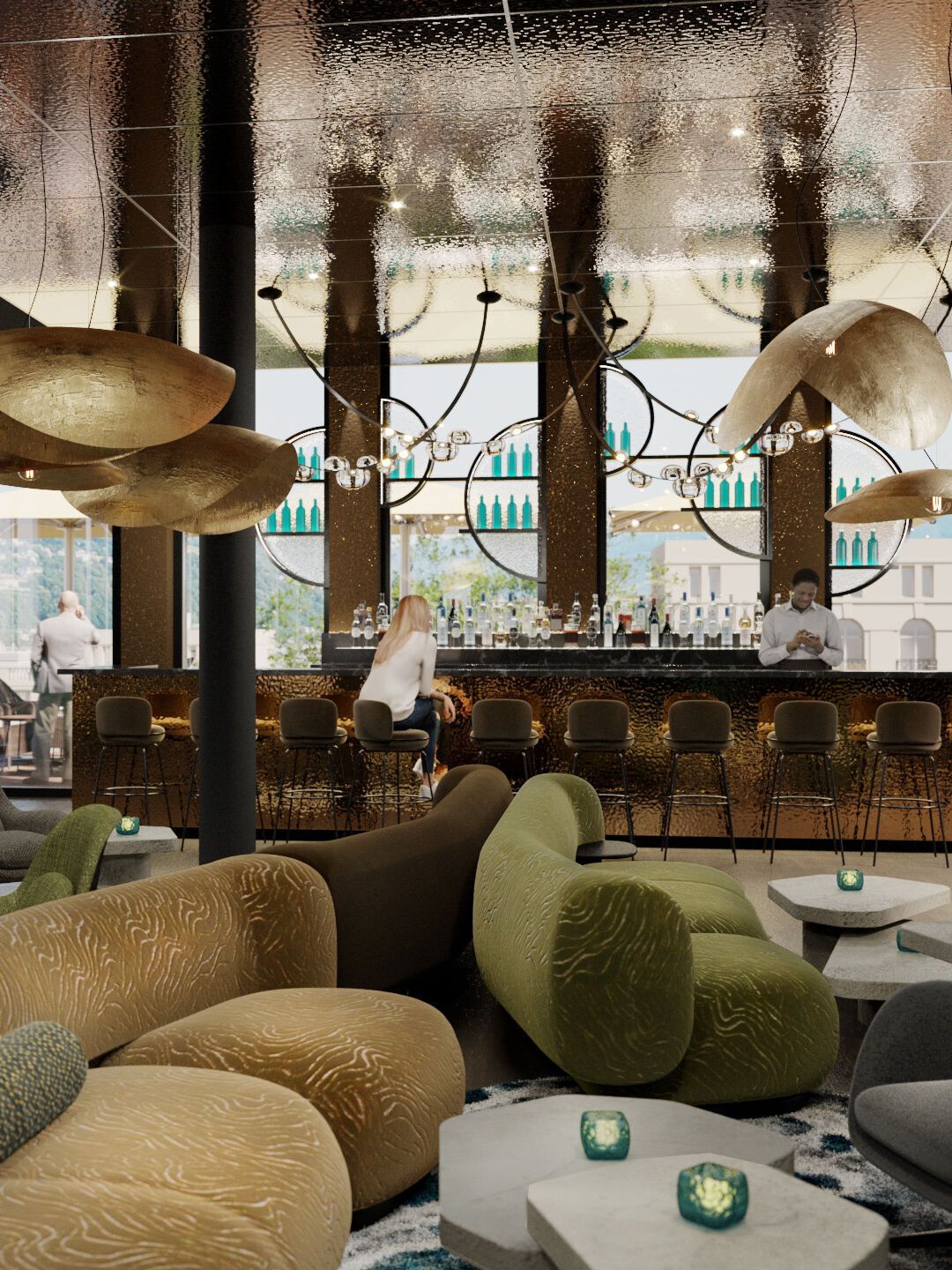 Moderne Hotelbar mit stilvoller Beleuchtung, gemütlichen Sesseln und Sofas, großem Fenster mit Ausblick auf die Stadt. Entspannter, eleganter Atmosphäre für Gäste zum Verweilen und Genießen von Drinks.