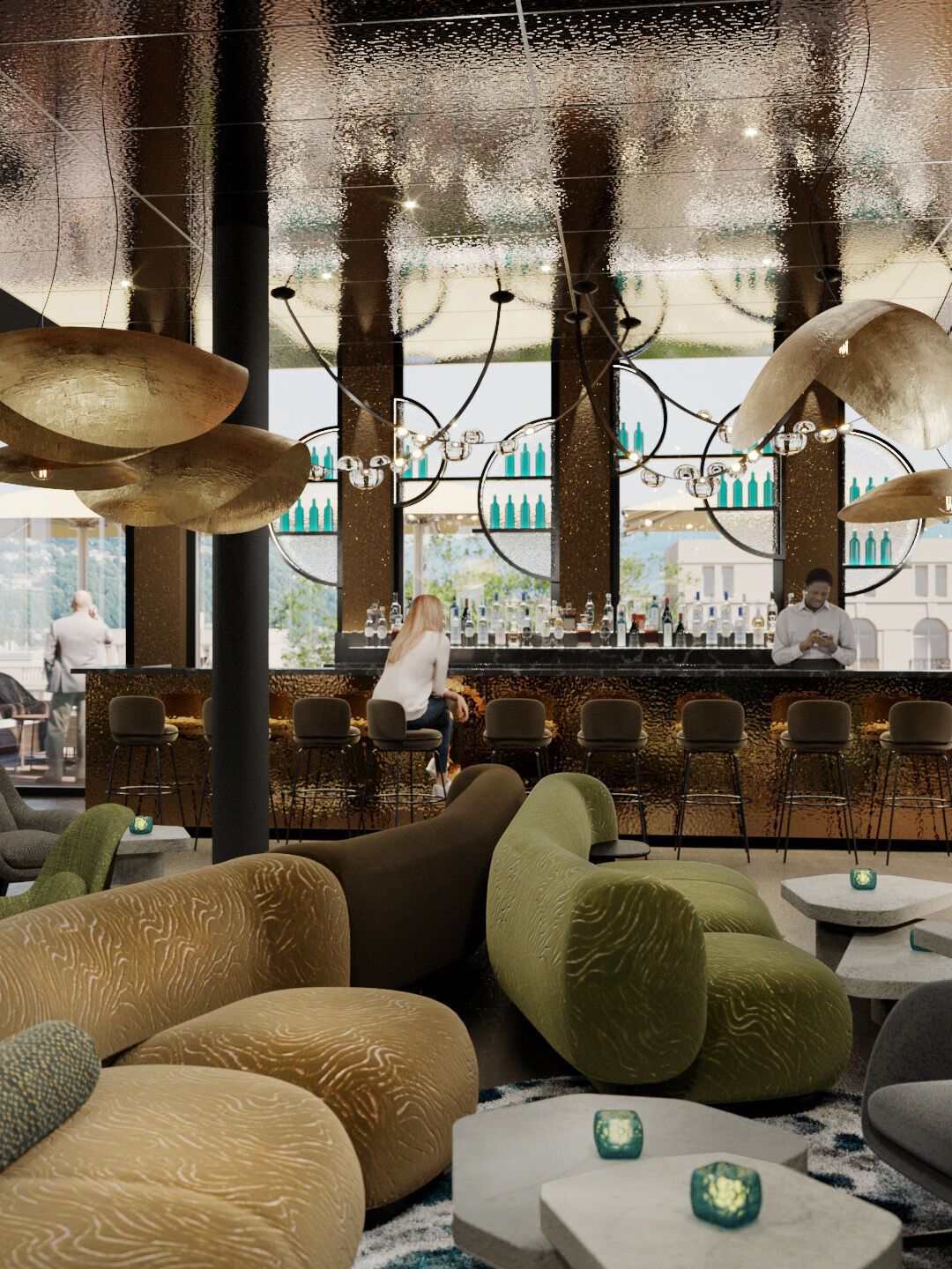 Moderne Hotelbar mit stilvoller Beleuchtung, gemütlichen Sesseln und Sofas, großem Fenster mit Ausblick auf die Stadt. Entspannter, eleganter Atmosphäre für Gäste zum Verweilen und Genießen von Drinks.