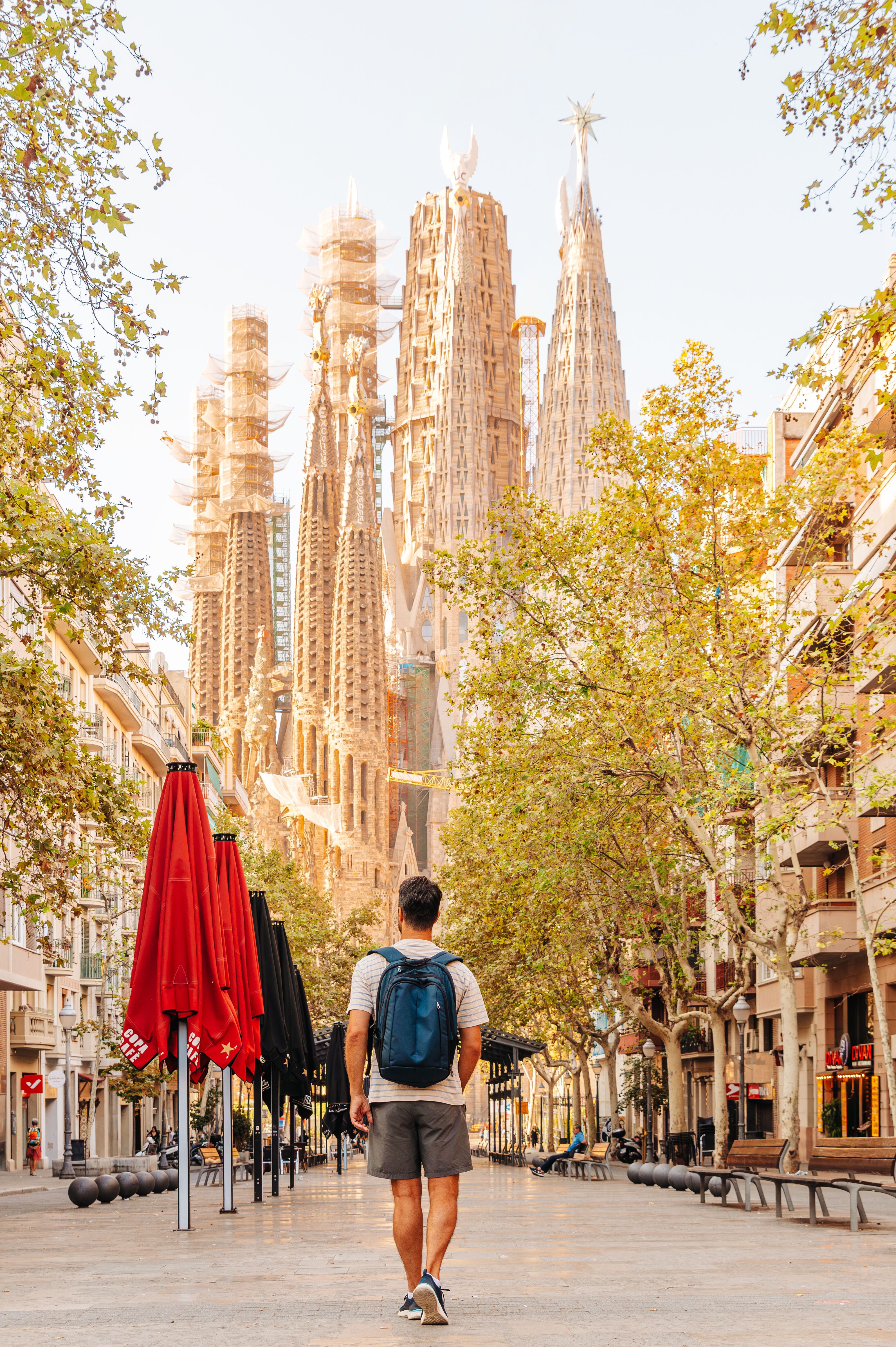 Ein Mann mit Rucksack geht an einem sonnigen Tag auf einer baumgesäumten Straße in Barcelona, mit Blick auf die markante Silhouette der Sagrada Familia im Hintergrund.