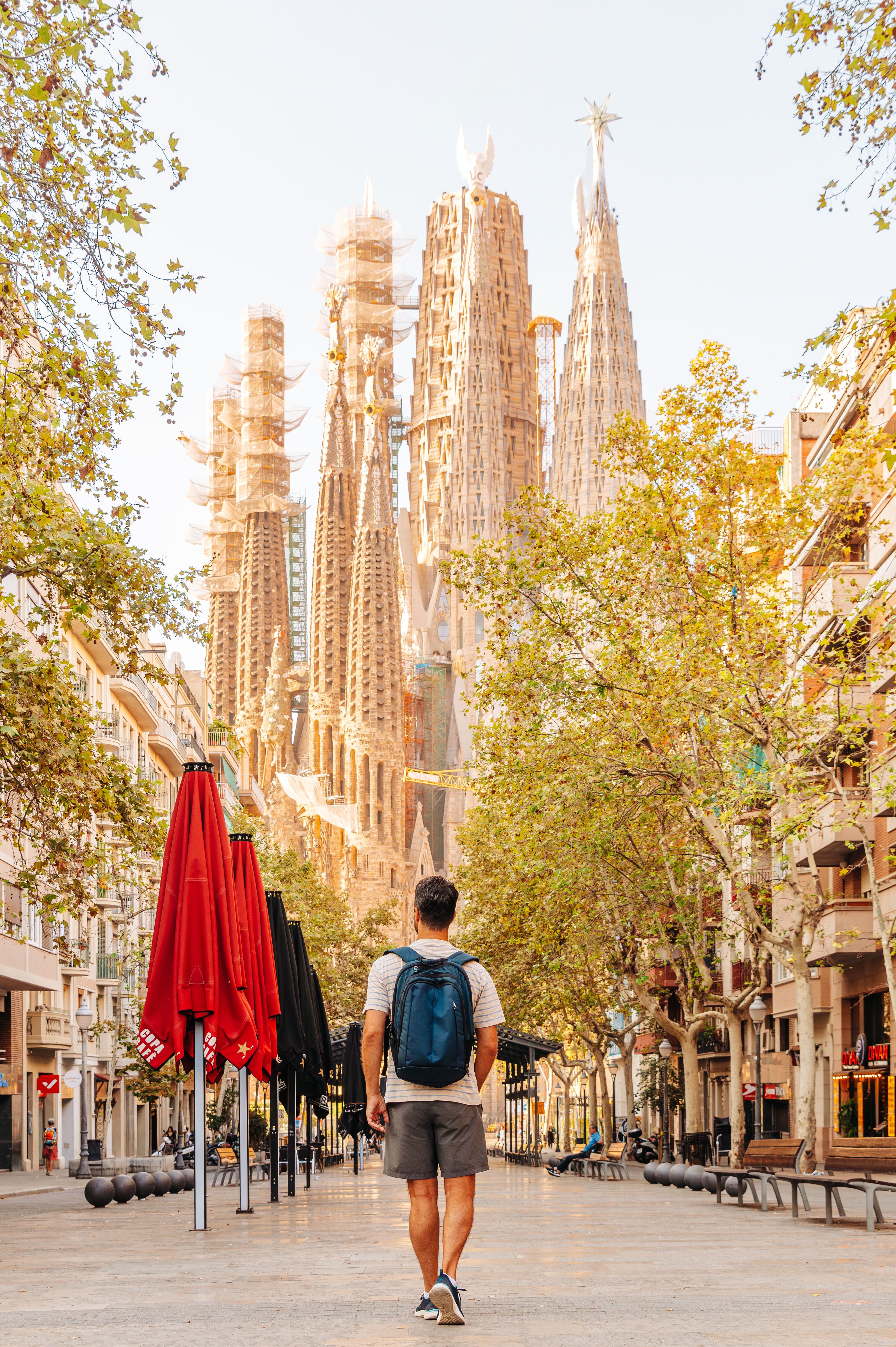 Ein Mann mit Rucksack geht an einem sonnigen Tag auf einer baumgesäumten Straße in Barcelona, mit Blick auf die markante Silhouette der Sagrada Familia im Hintergrund.