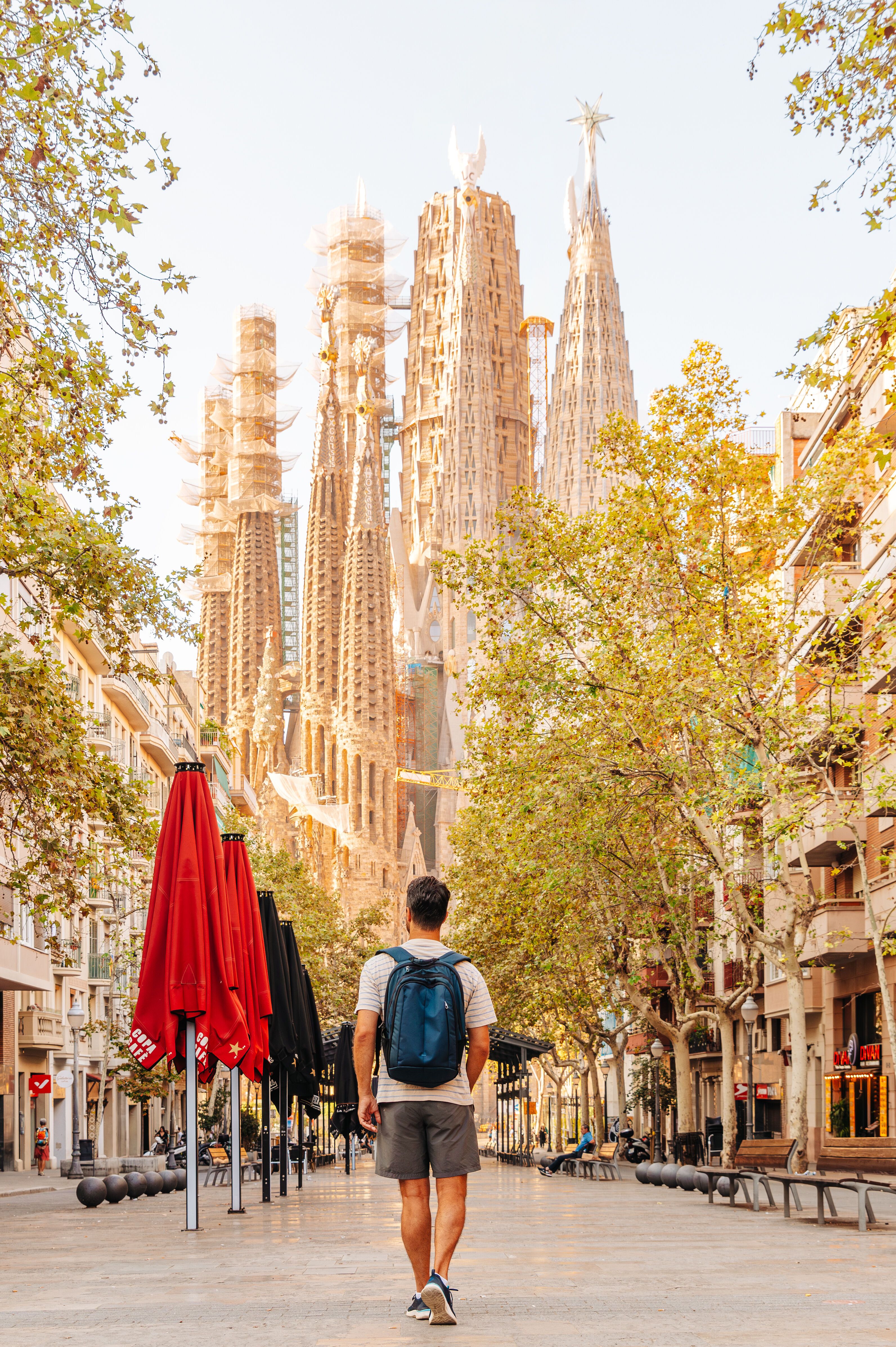 Ein Mann mit Rucksack geht an einem sonnigen Tag auf einer baumgesäumten Straße in Barcelona, mit Blick auf die markante Silhouette der Sagrada Familia im Hintergrund.