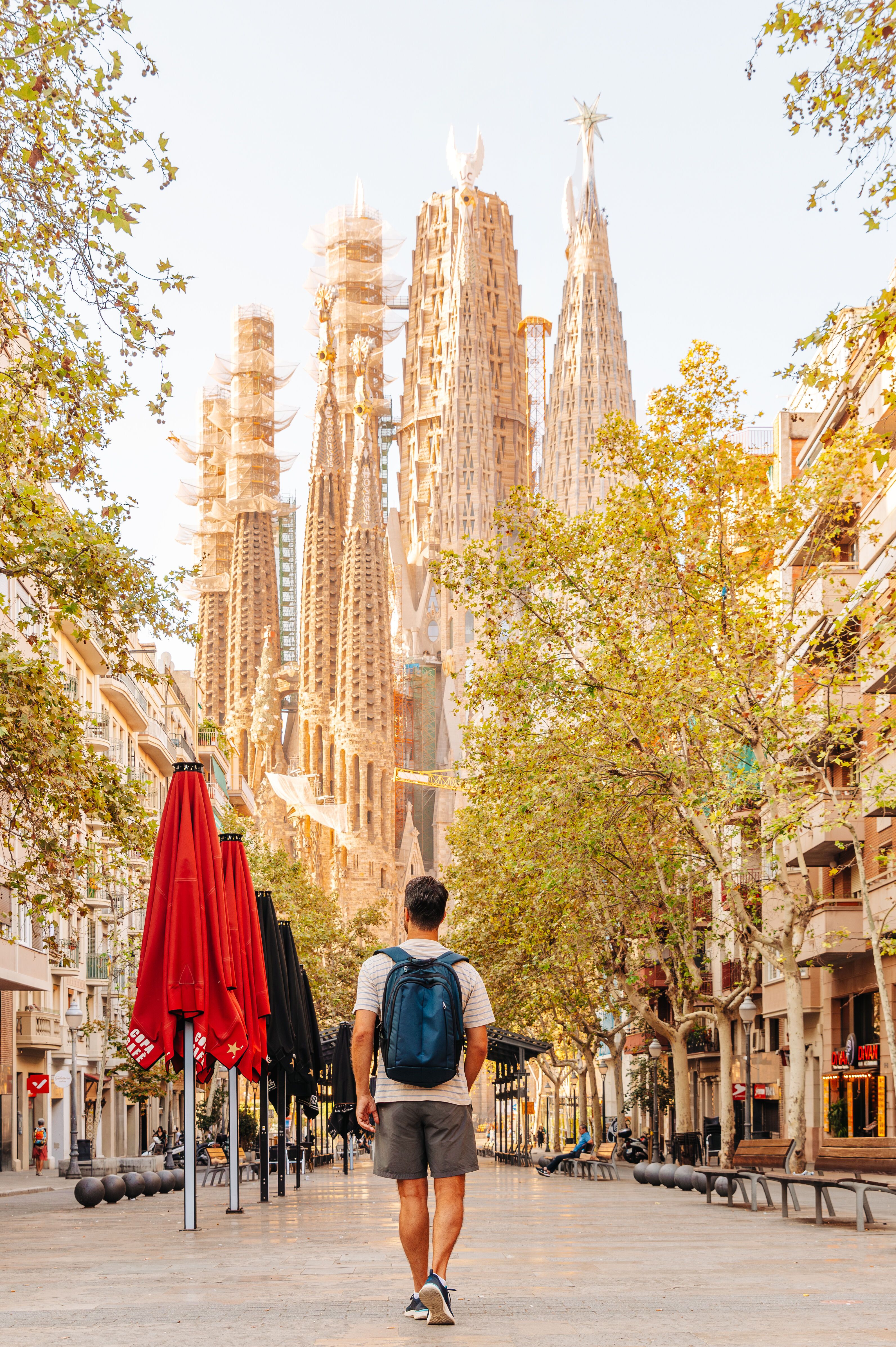 Ein Mann mit Rucksack geht an einem sonnigen Tag auf einer baumgesäumten Straße in Barcelona, mit Blick auf die markante Silhouette der Sagrada Familia im Hintergrund.