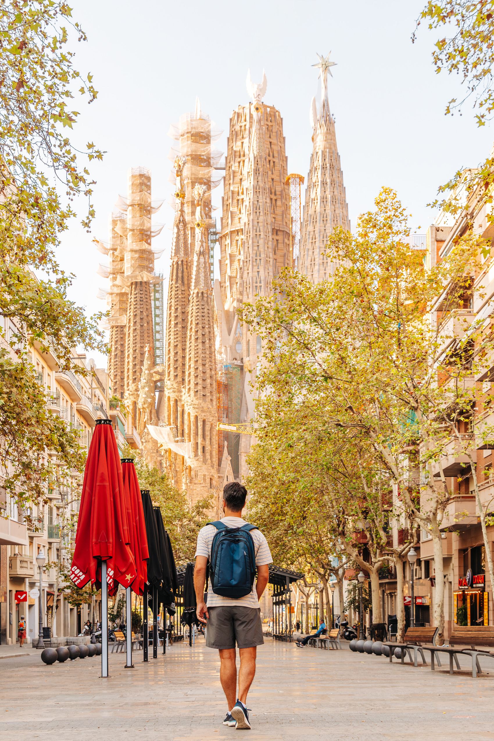 Ein Mann mit Rucksack geht an einem sonnigen Tag auf einer baumgesäumten Straße in Barcelona, mit Blick auf die markante Silhouette der Sagrada Familia im Hintergrund.