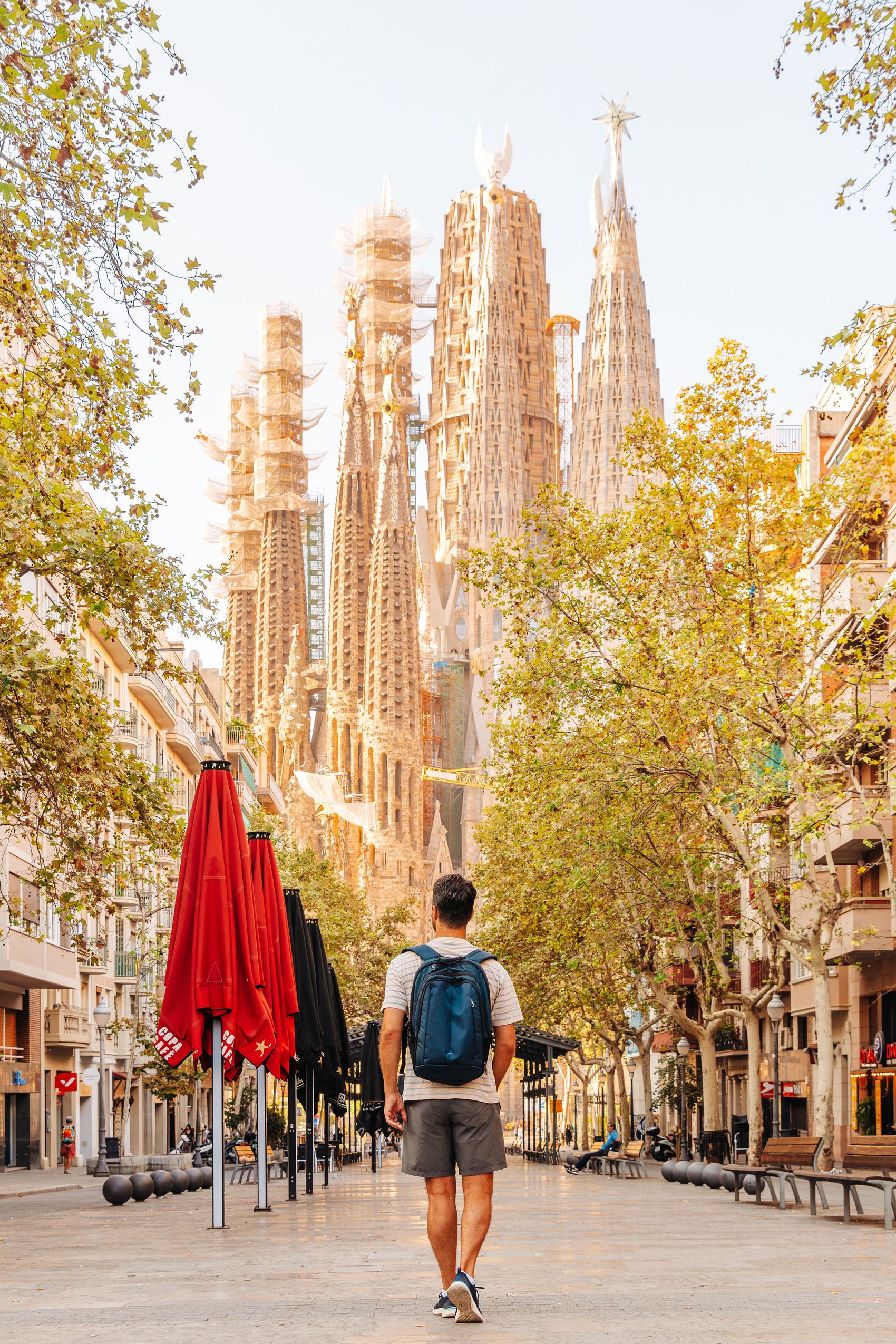 Ein Mann mit Rucksack geht an einem sonnigen Tag auf einer baumgesäumten Straße in Barcelona, mit Blick auf die markante Silhouette der Sagrada Familia im Hintergrund.