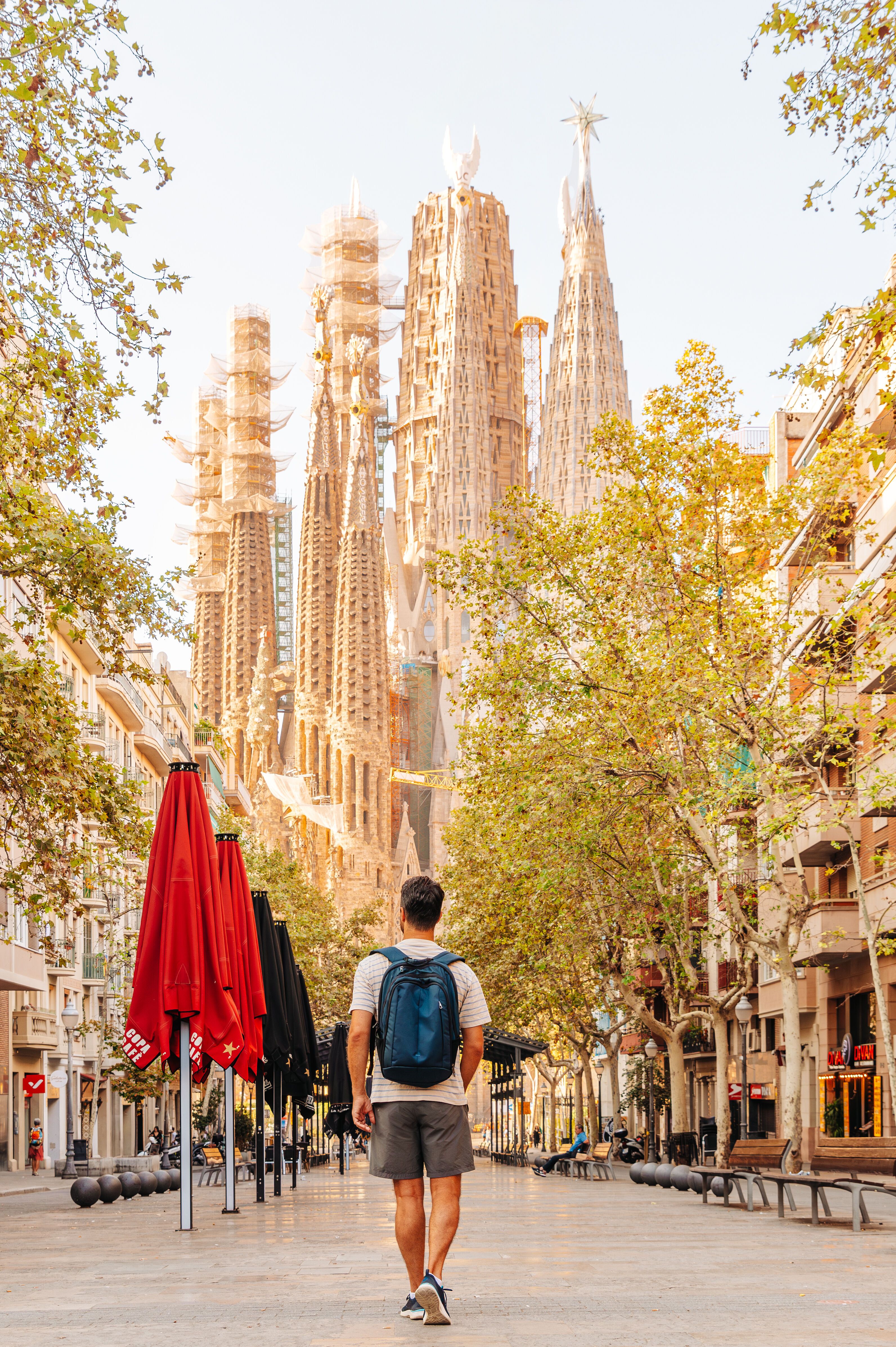 Ein Mann mit Rucksack geht an einem sonnigen Tag auf einer baumgesäumten Straße in Barcelona, mit Blick auf die markante Silhouette der Sagrada Familia im Hintergrund.