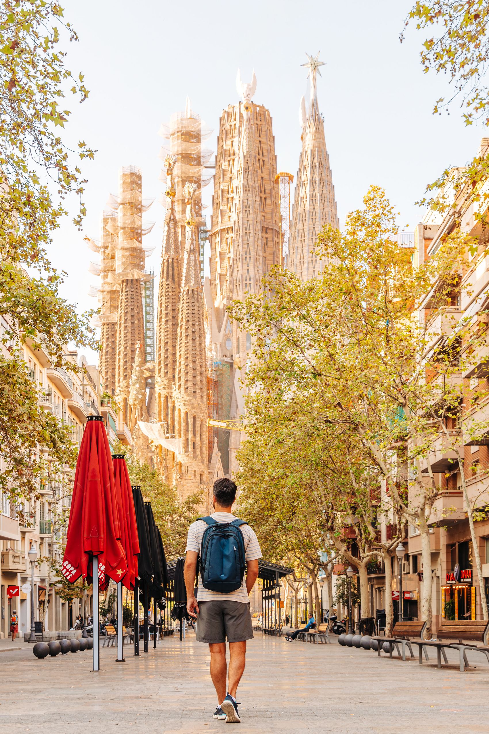 Ein Mann mit Rucksack geht an einem sonnigen Tag auf einer baumgesäumten Straße in Barcelona, mit Blick auf die markante Silhouette der Sagrada Familia im Hintergrund.