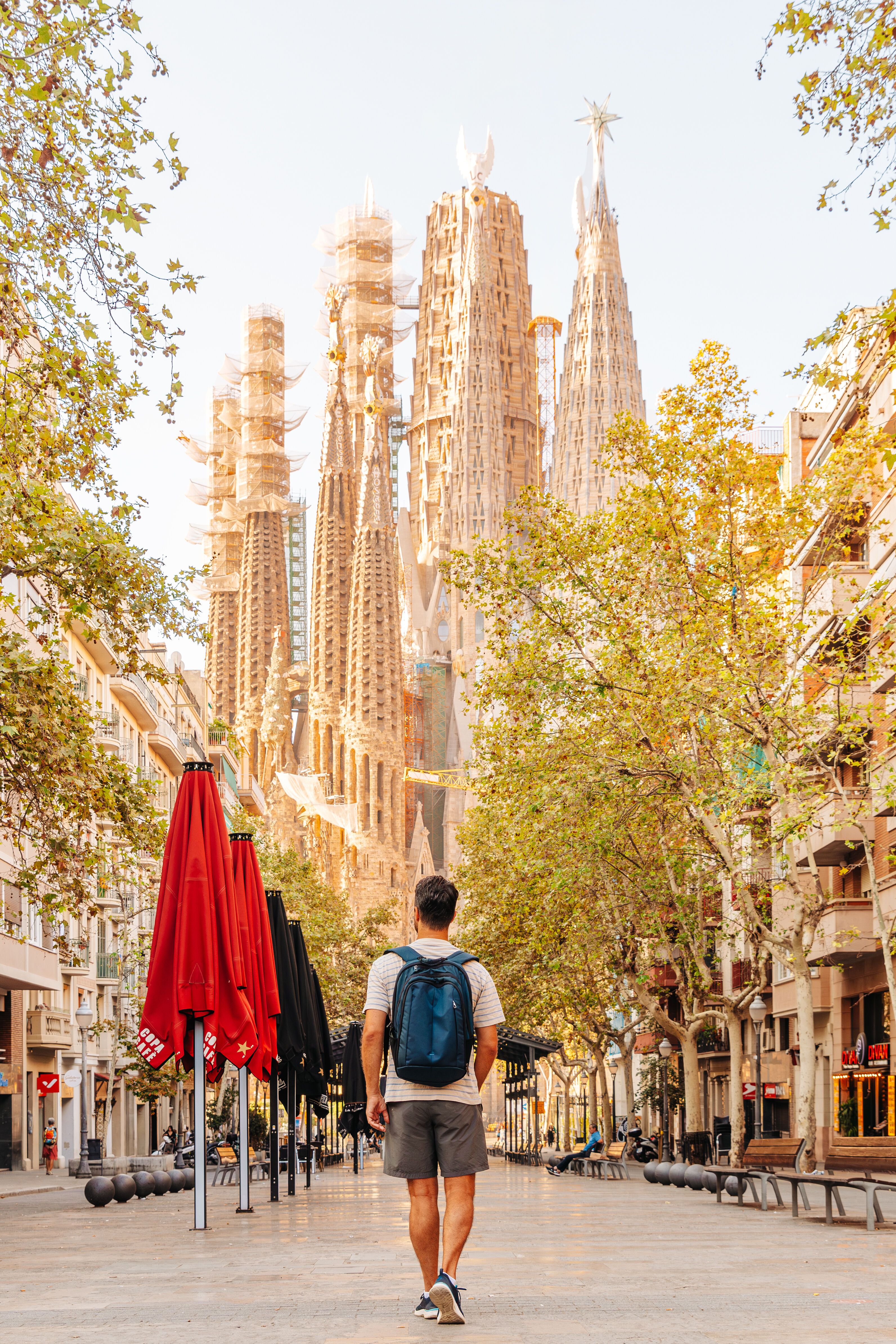 Ein Mann mit Rucksack geht an einem sonnigen Tag auf einer baumgesäumten Straße in Barcelona, mit Blick auf die markante Silhouette der Sagrada Familia im Hintergrund.