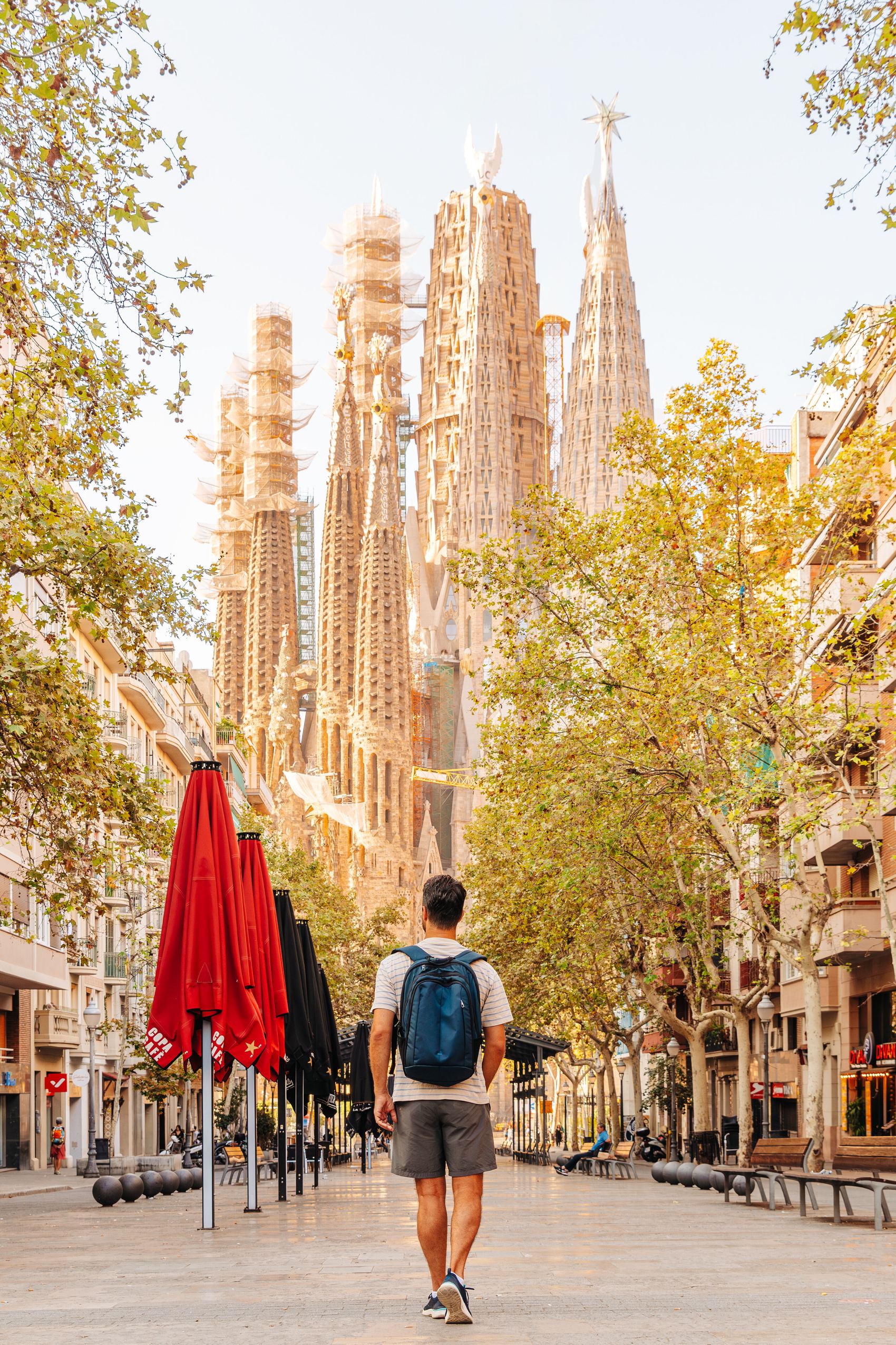 Ein Mann mit Rucksack geht an einem sonnigen Tag auf einer baumgesäumten Straße in Barcelona, mit Blick auf die markante Silhouette der Sagrada Familia im Hintergrund.