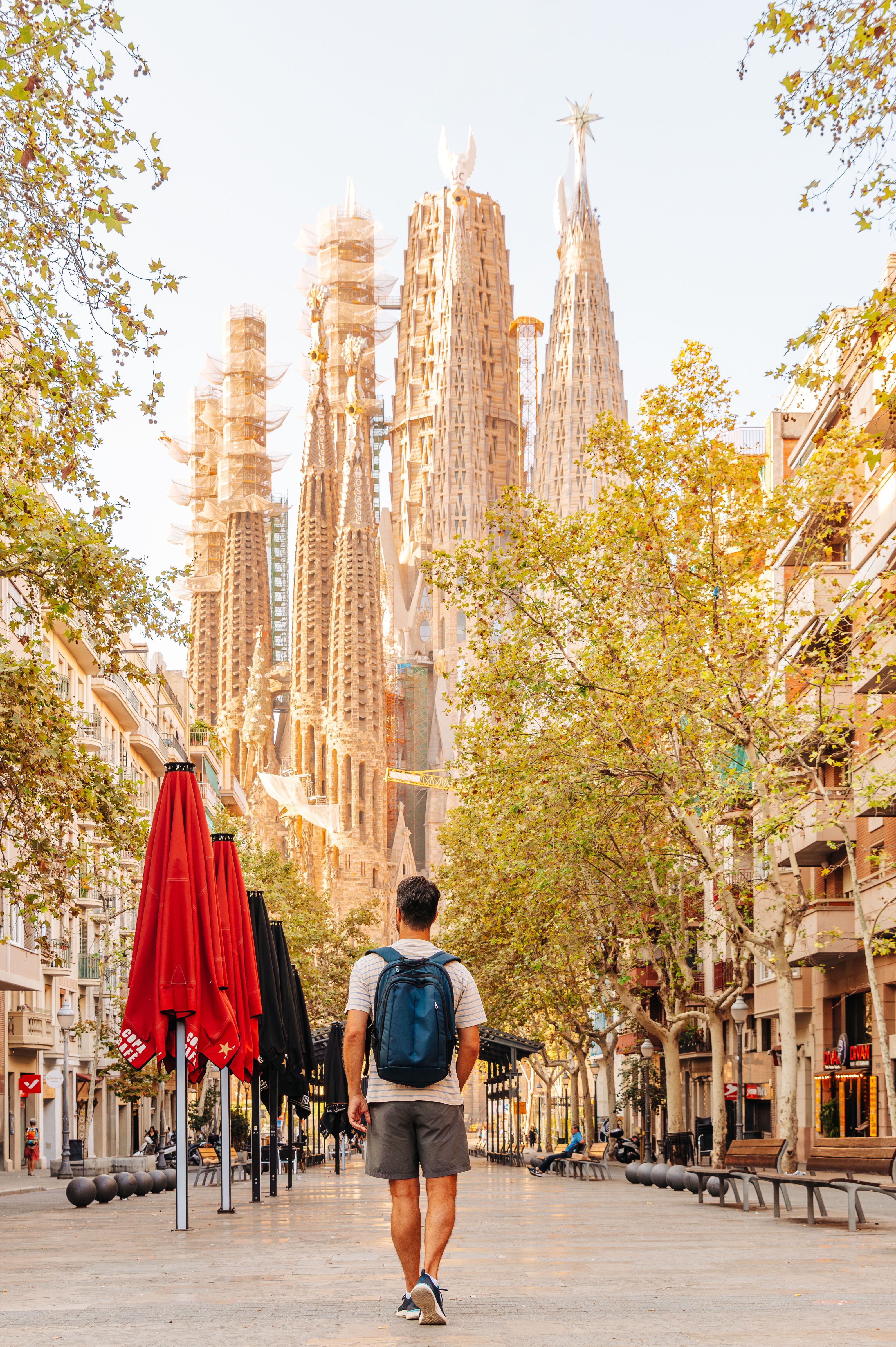 Ein Mann mit Rucksack geht an einem sonnigen Tag auf einer baumgesäumten Straße in Barcelona, mit Blick auf die markante Silhouette der Sagrada Familia im Hintergrund.