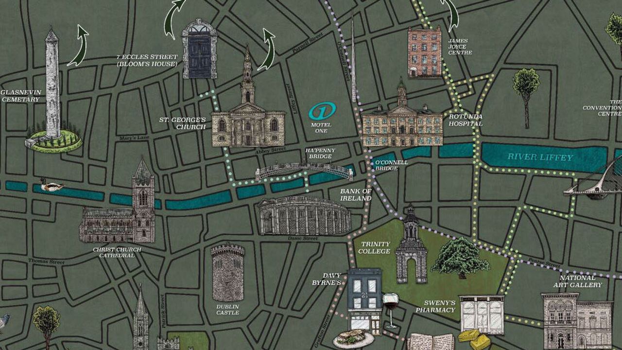 Karte von Dublin mit markanten Sehenswürdigkeiten wie Dublin Castle, Trinity College, St. Patrick’s Cathedral und dem Fluss Liffey, dargestellt in stilisierter, illustrativer Form.
