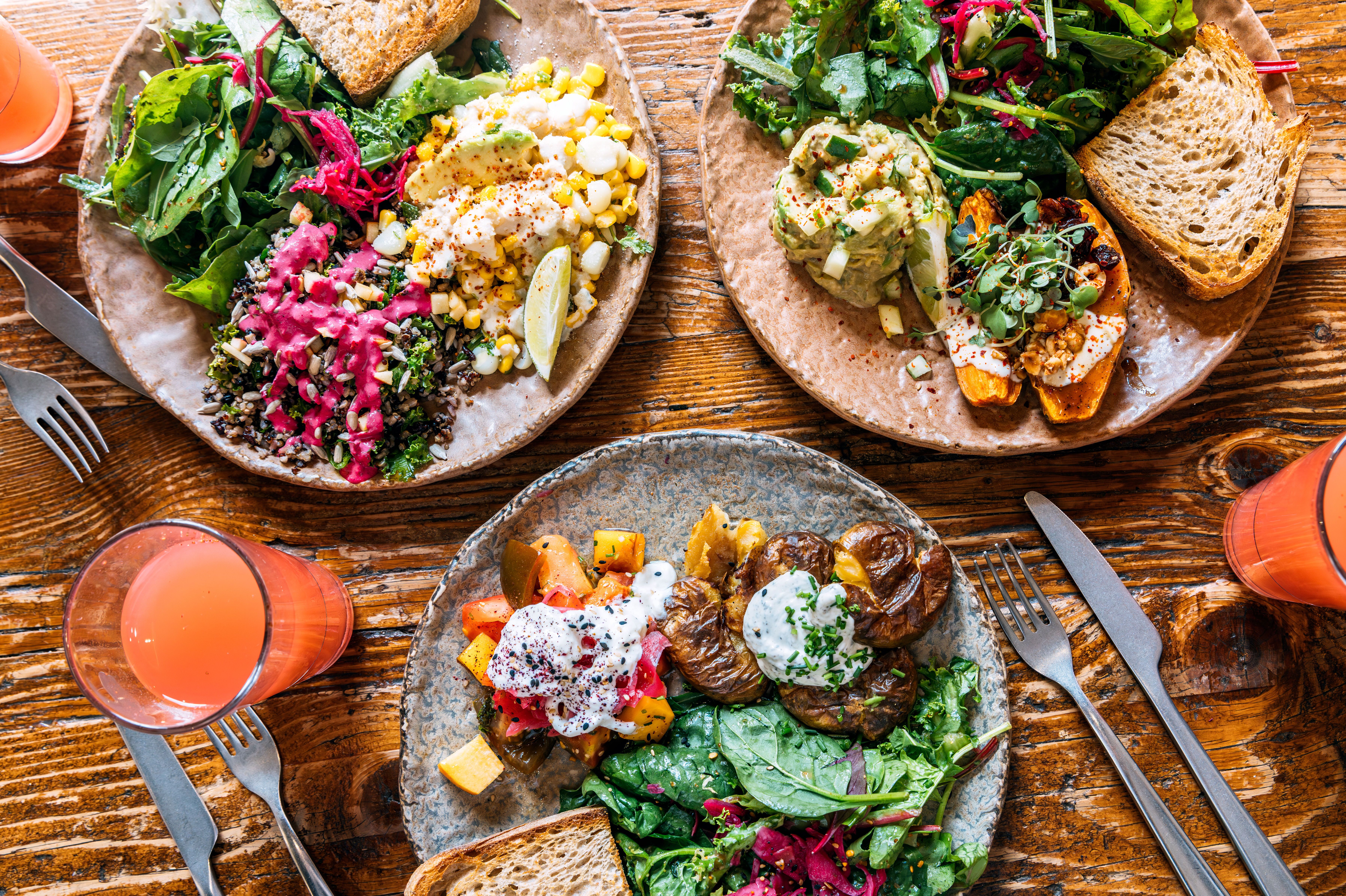 Drei Teller mit abwechslungsreichen, frischen Salaten, Gemüse, Kräutern und Vollkornbrot auf einem Holztisch, begleitet von Gläsern mit frisch gepresstem Orangensaft.