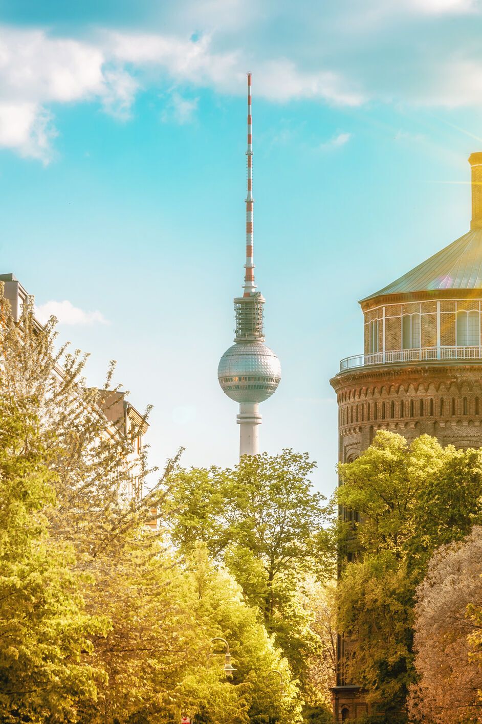 Sonnenbeschienene Straßenansicht in Berlin mit grünen Bäumen, historischen Gebäuden und dem Fernsehturm im Hintergrund, die eine einladende urbane Atmosphäre vermittelt.