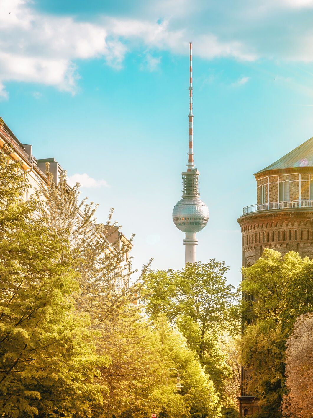 Sonnenbeschienene Straßenansicht in Berlin mit grünen Bäumen, historischen Gebäuden und dem Fernsehturm im Hintergrund, die eine einladende urbane Atmosphäre vermittelt.