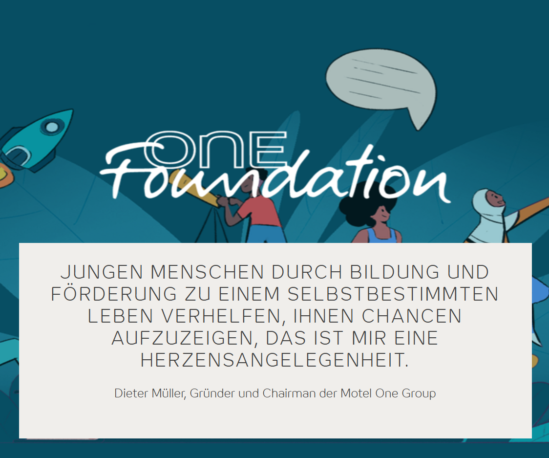 Illustration mit Menschen, die gemeinsam nach vorne blicken, und einem Zitat von Dieter Müller zur Förderung junger Menschen durch Bildung für ein selbstbestimmtes Leben. Schriftzug „One Foundation“ betont das Engagement der Motel One Group.
