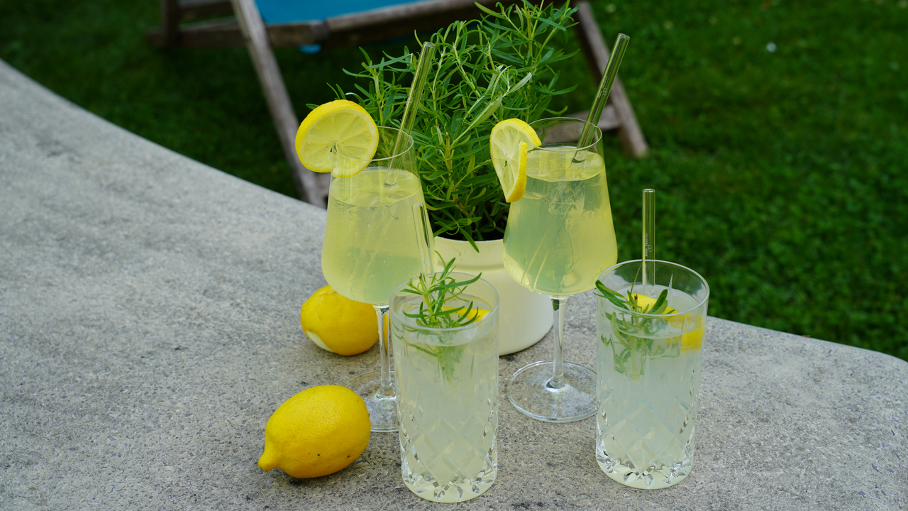Frische Zitronenlimonade mit Kräutern in Gläsern auf Tisch, umgeben von Zitronen und einem Kräutertopf, entspannte Gartenszenerie mit Liegestuhl im Hintergrund.
