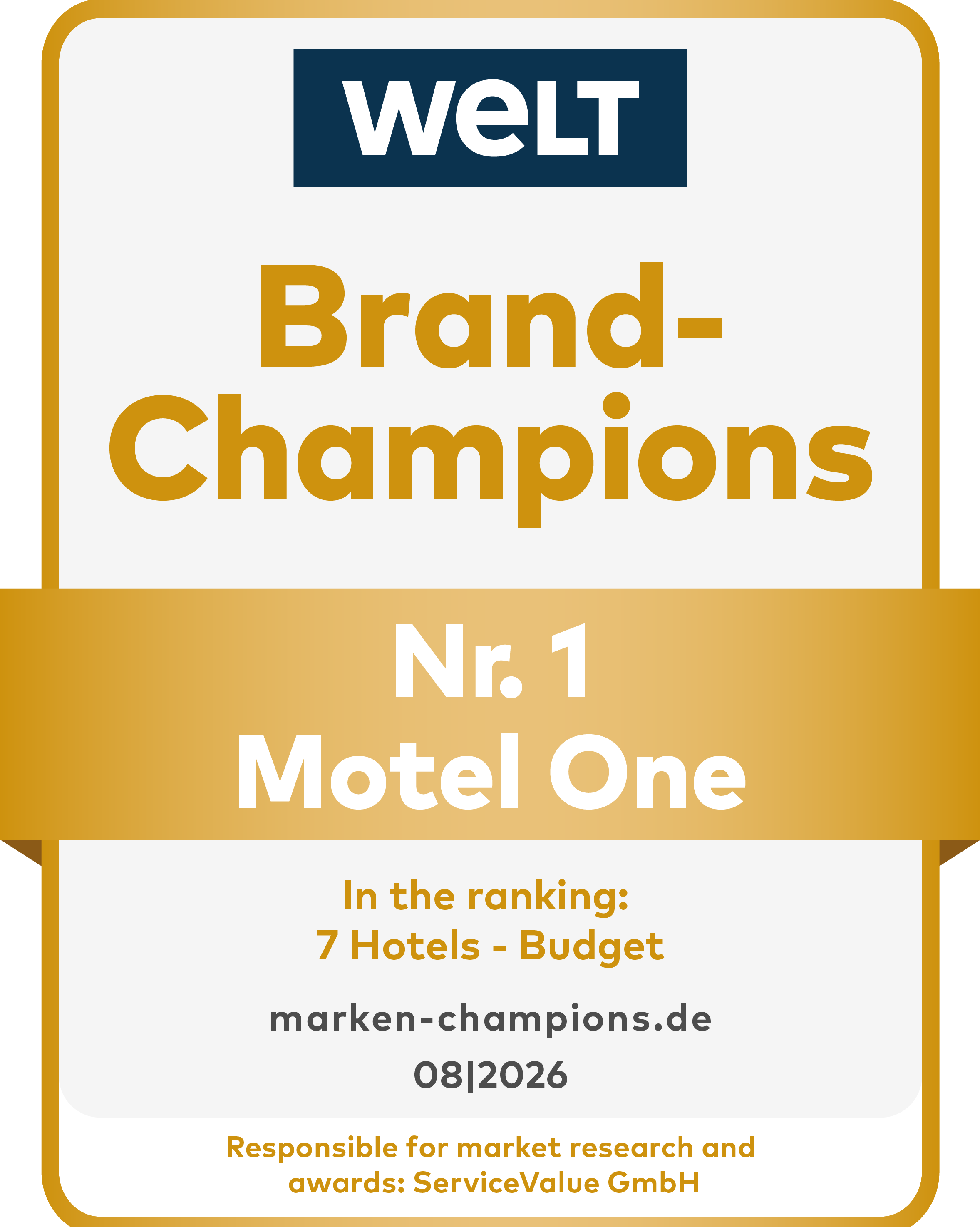 Auszeichnung „Brand-Champions Nr. 1 Motel One“ von WELT für die Kategorie Budget-Hotels, gültig bis August 2026.
