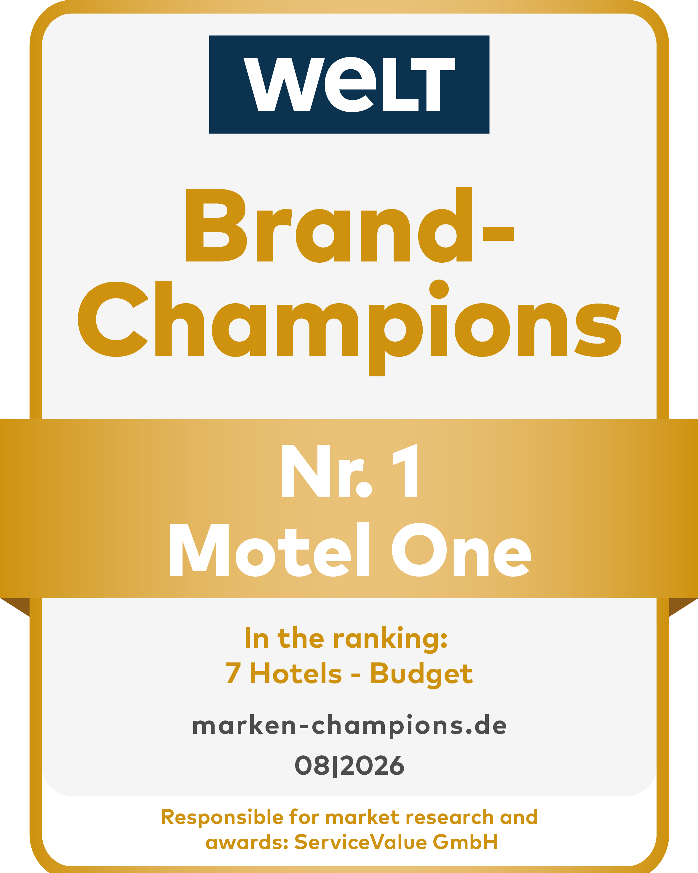 Auszeichnung „Brand-Champions Nr. 1 Motel One“ von WELT für die Kategorie Budget-Hotels, gültig bis August 2026.