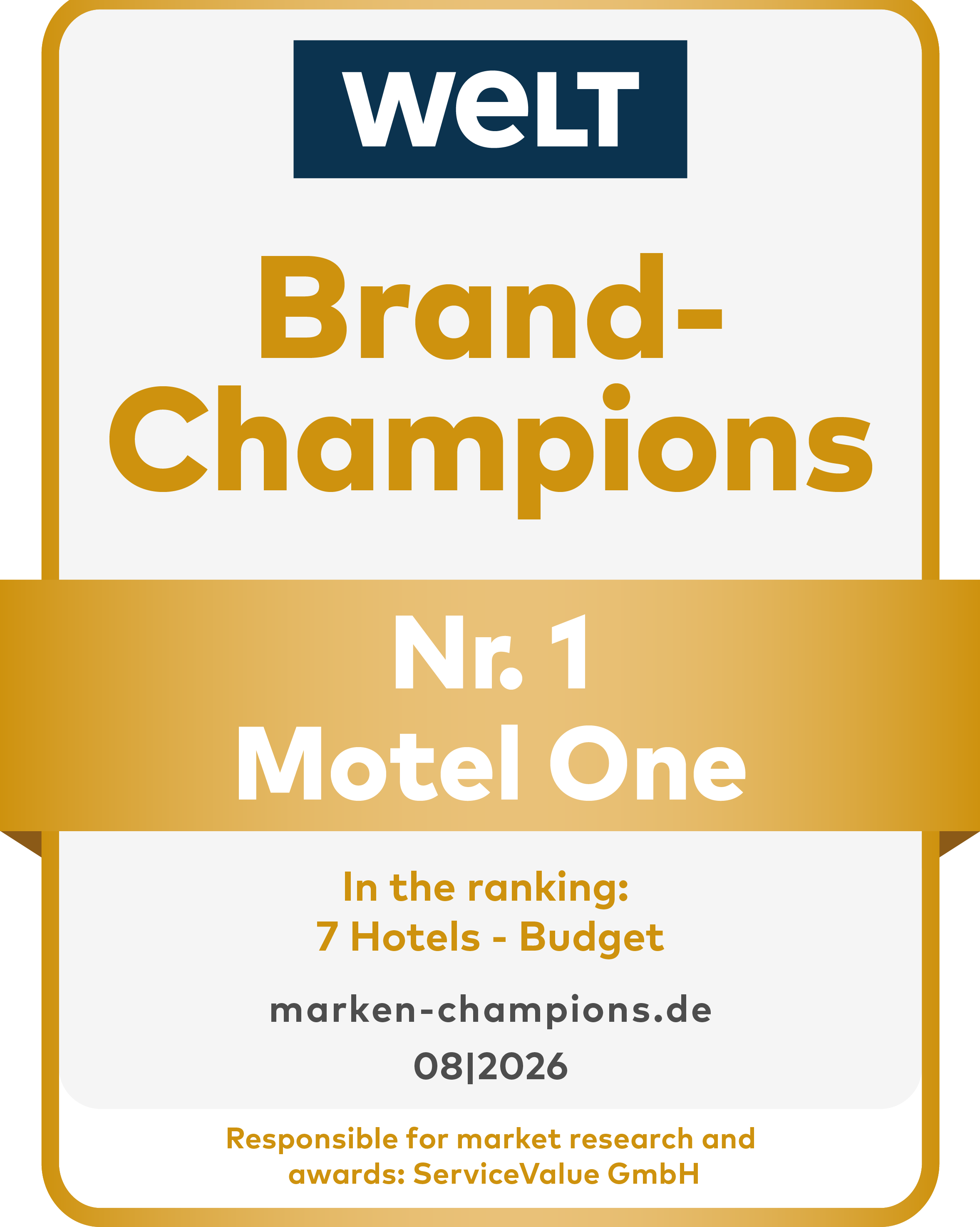 Auszeichnung „Brand-Champions Nr. 1 Motel One“ von WELT für die Kategorie Budget-Hotels, gültig bis August 2026.