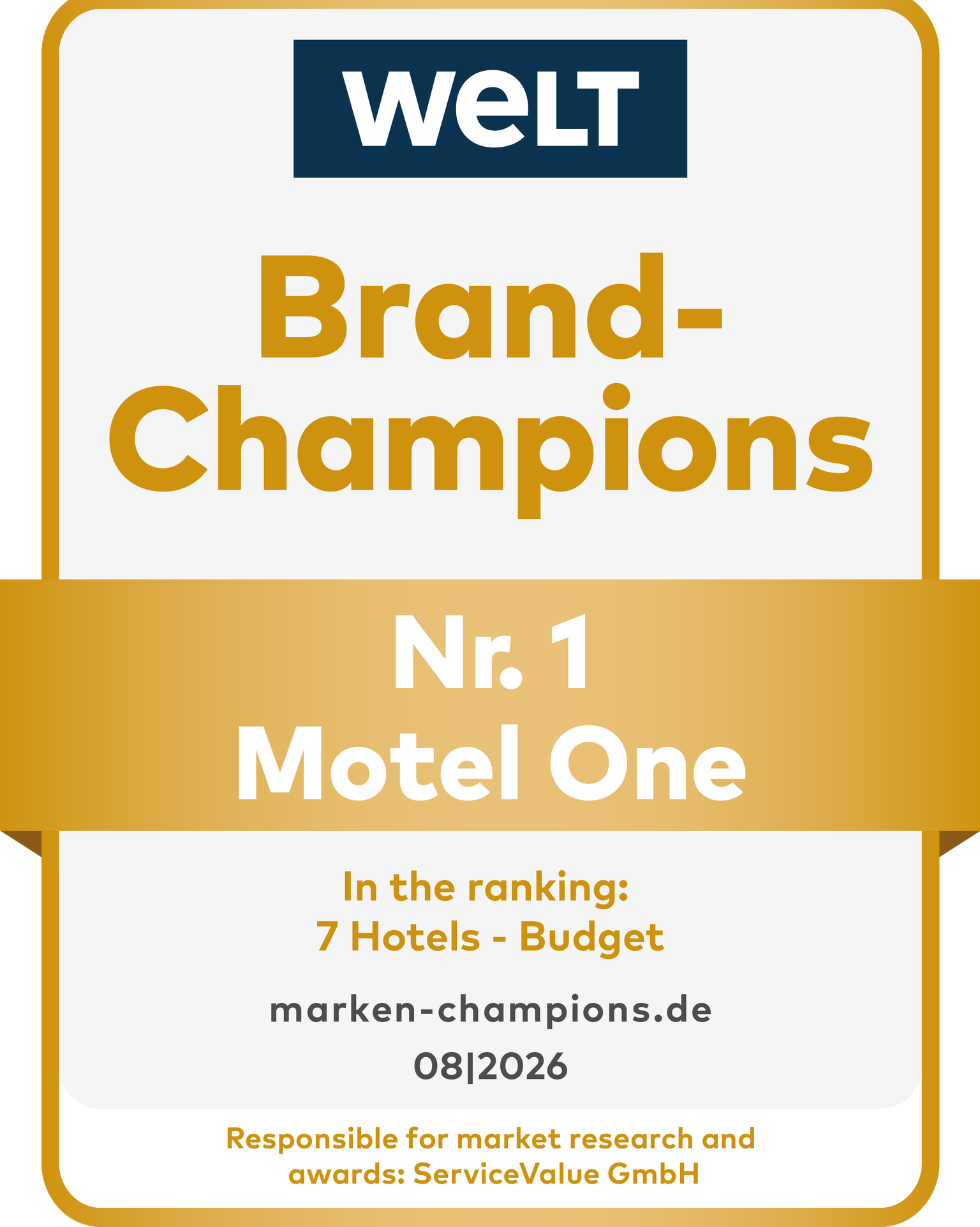 Auszeichnung „Brand-Champions Nr. 1 Motel One“ von WELT für die Kategorie Budget-Hotels, gültig bis August 2026.